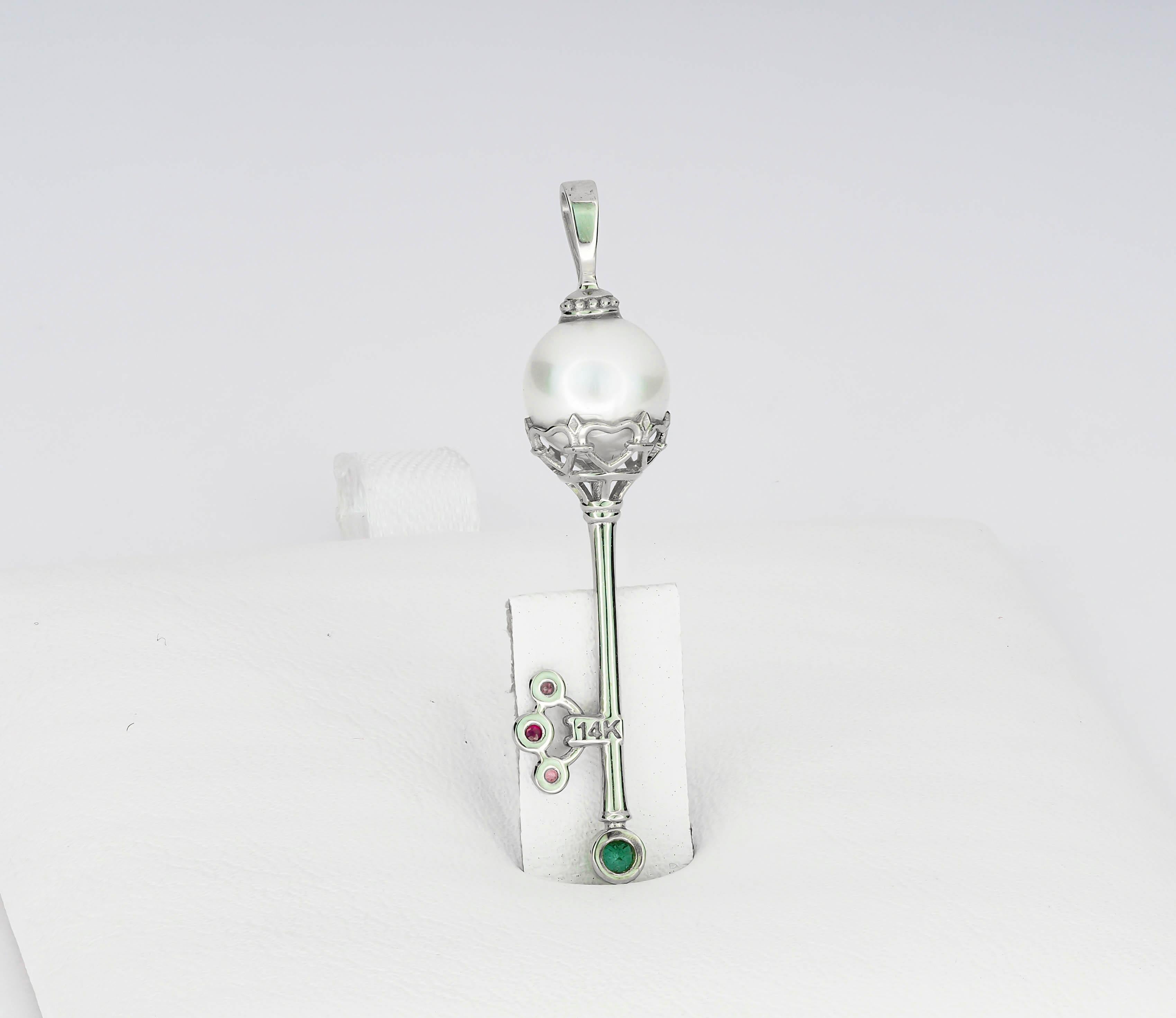 Key pendant with pearl, emerald and sapphires.  For Sale 1