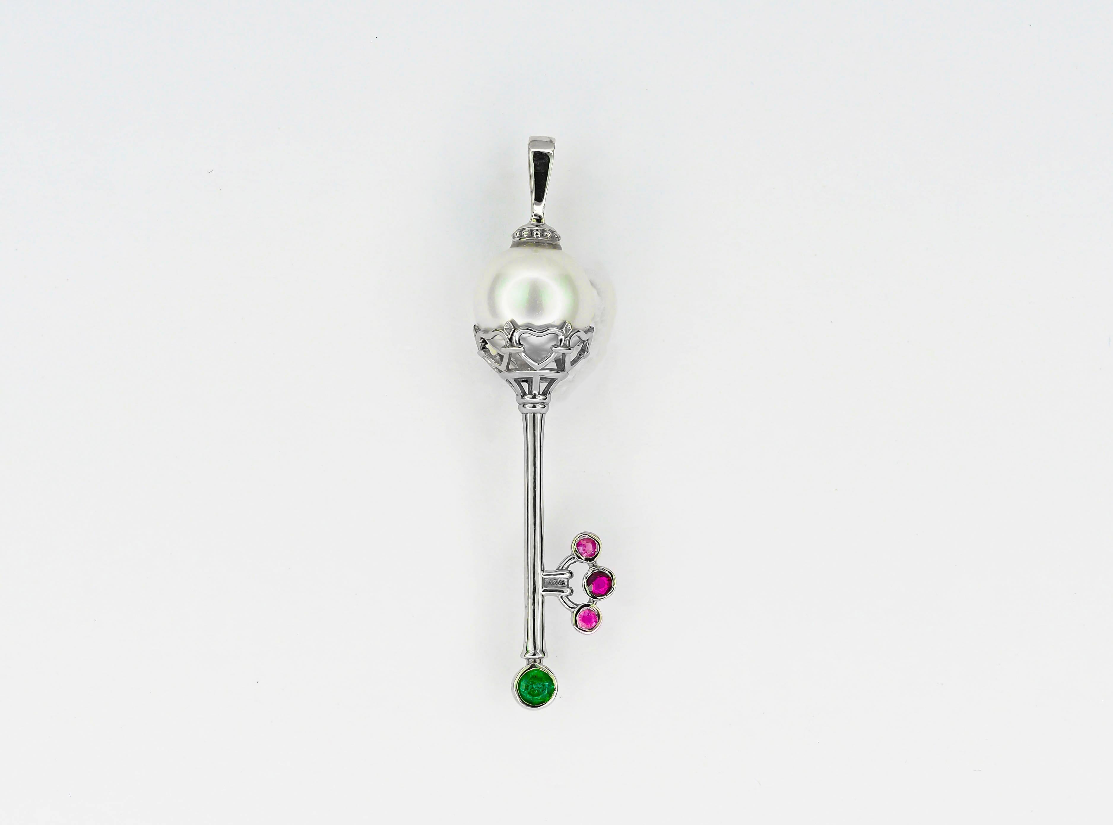 Key pendant with pearl, emerald and sapphires.  For Sale 2