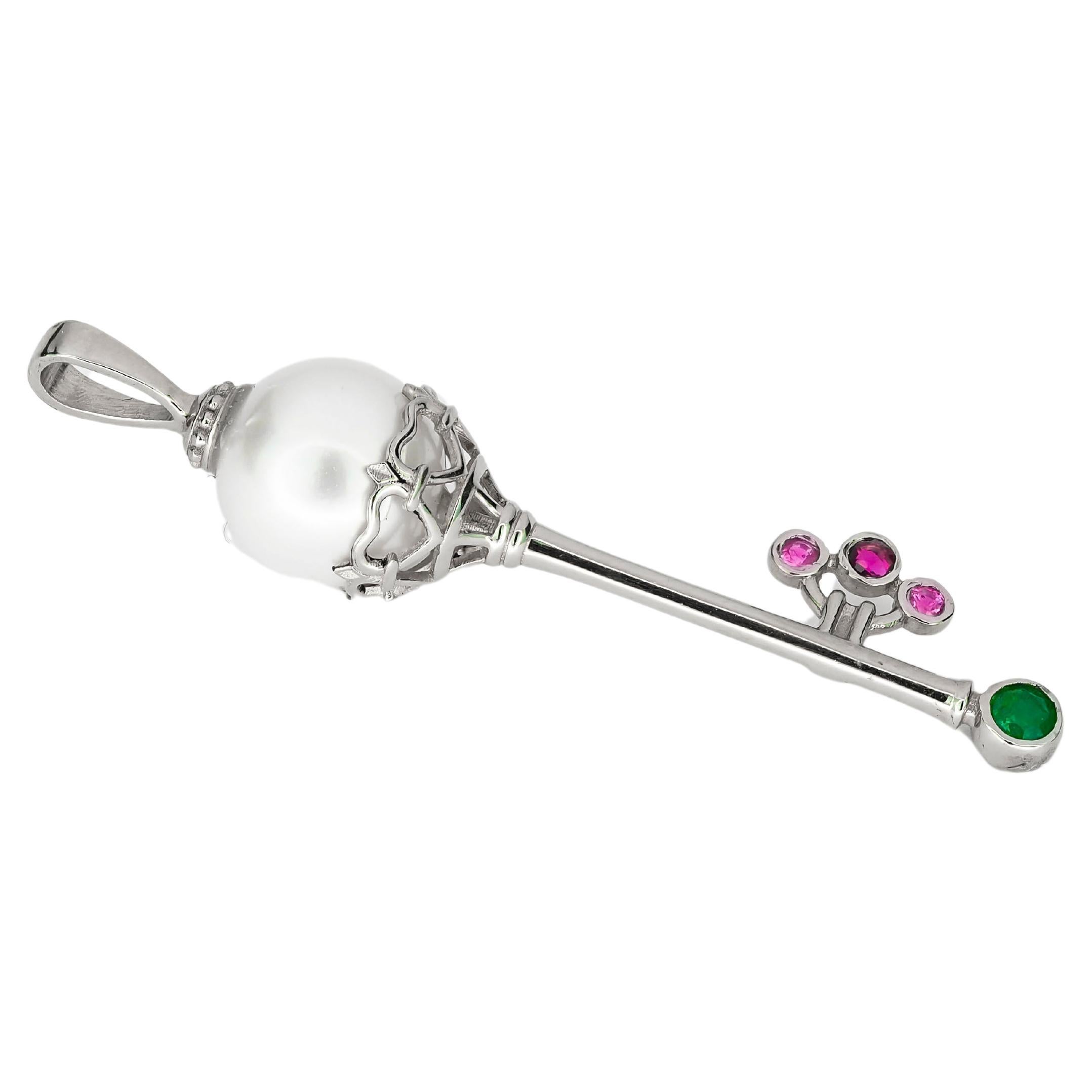 Key pendant with pearl, emerald and sapphires.  For Sale