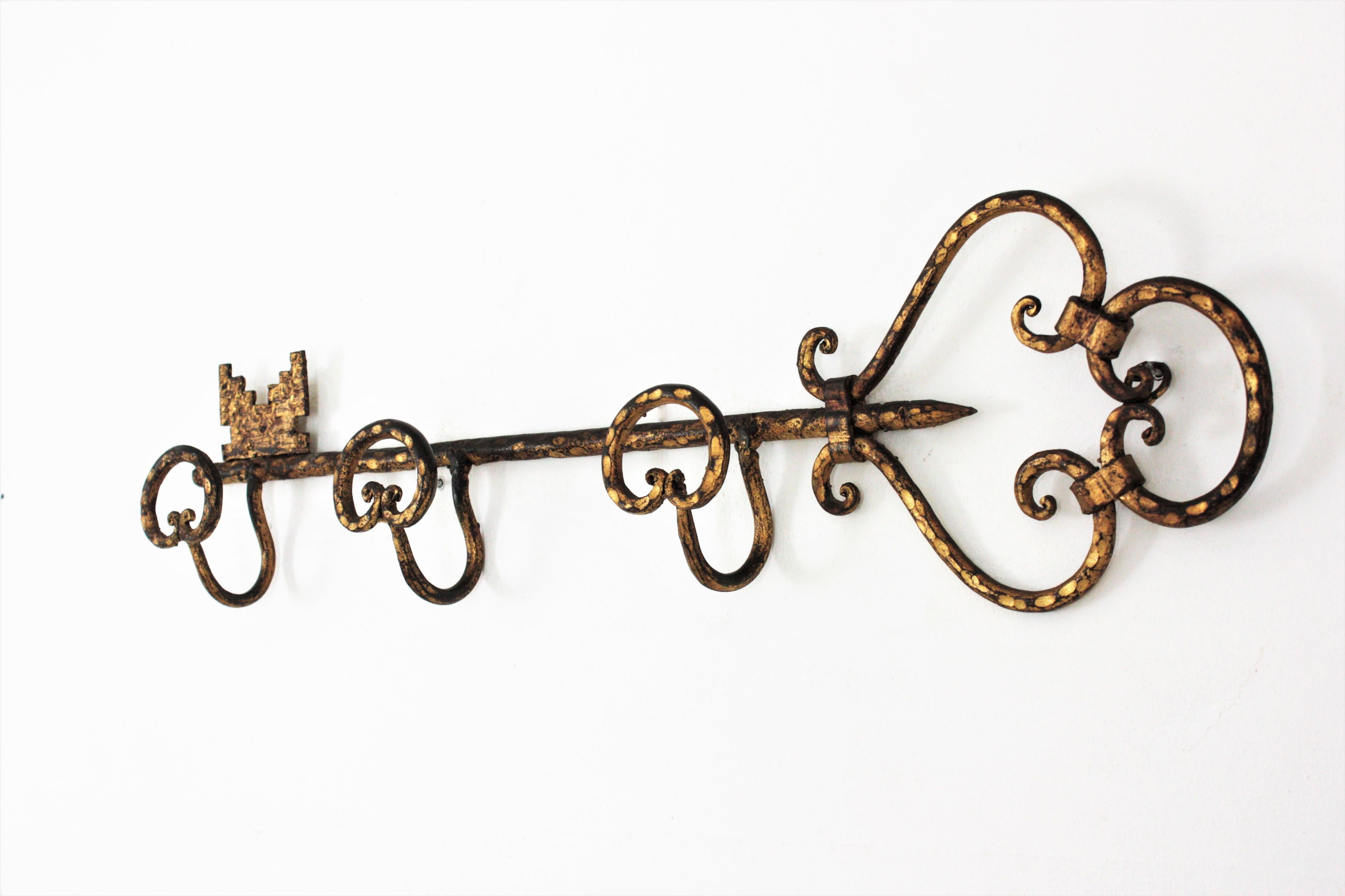 Wall Coat Rack with Key Shape, Wrought Gilt Iron For Sale 1