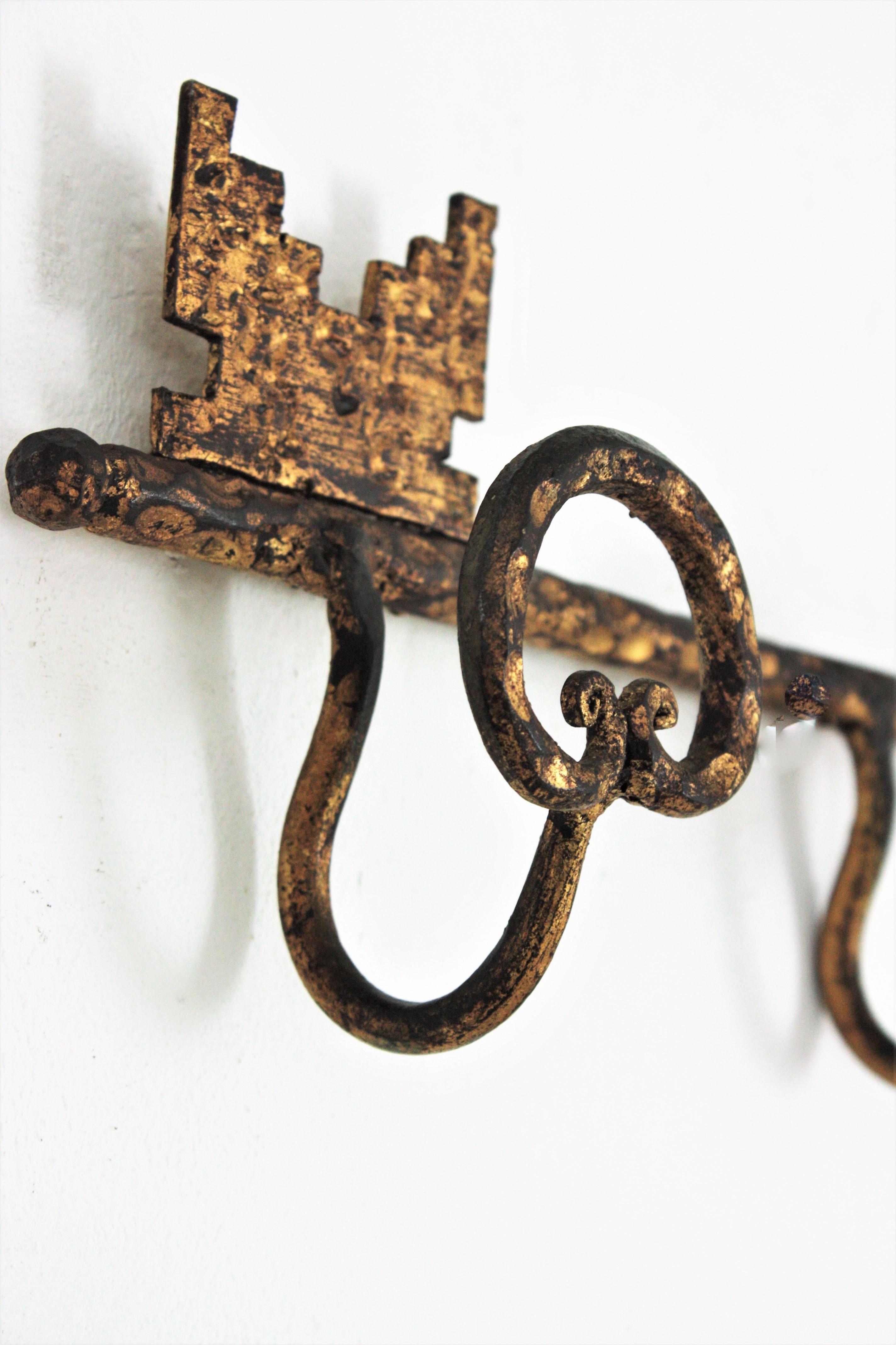Wall Coat Rack with Key Shape, Wrought Gilt Iron For Sale 2