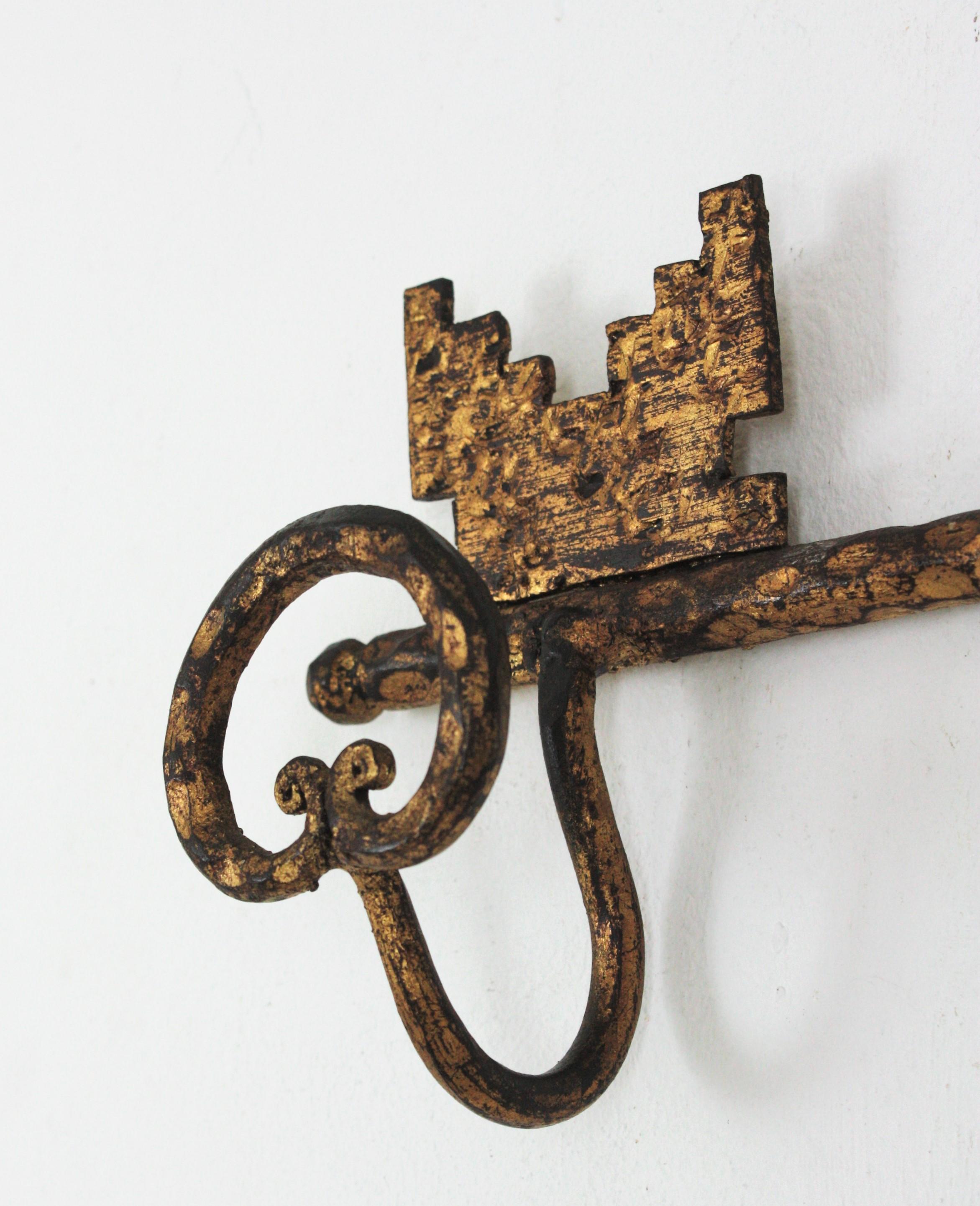 Wall Coat Rack with Key Shape, Wrought Gilt Iron For Sale 3
