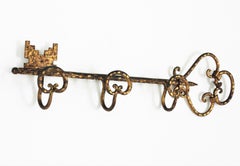 Wall Coat Rack with Key Shape, Wrought Gilt Iron