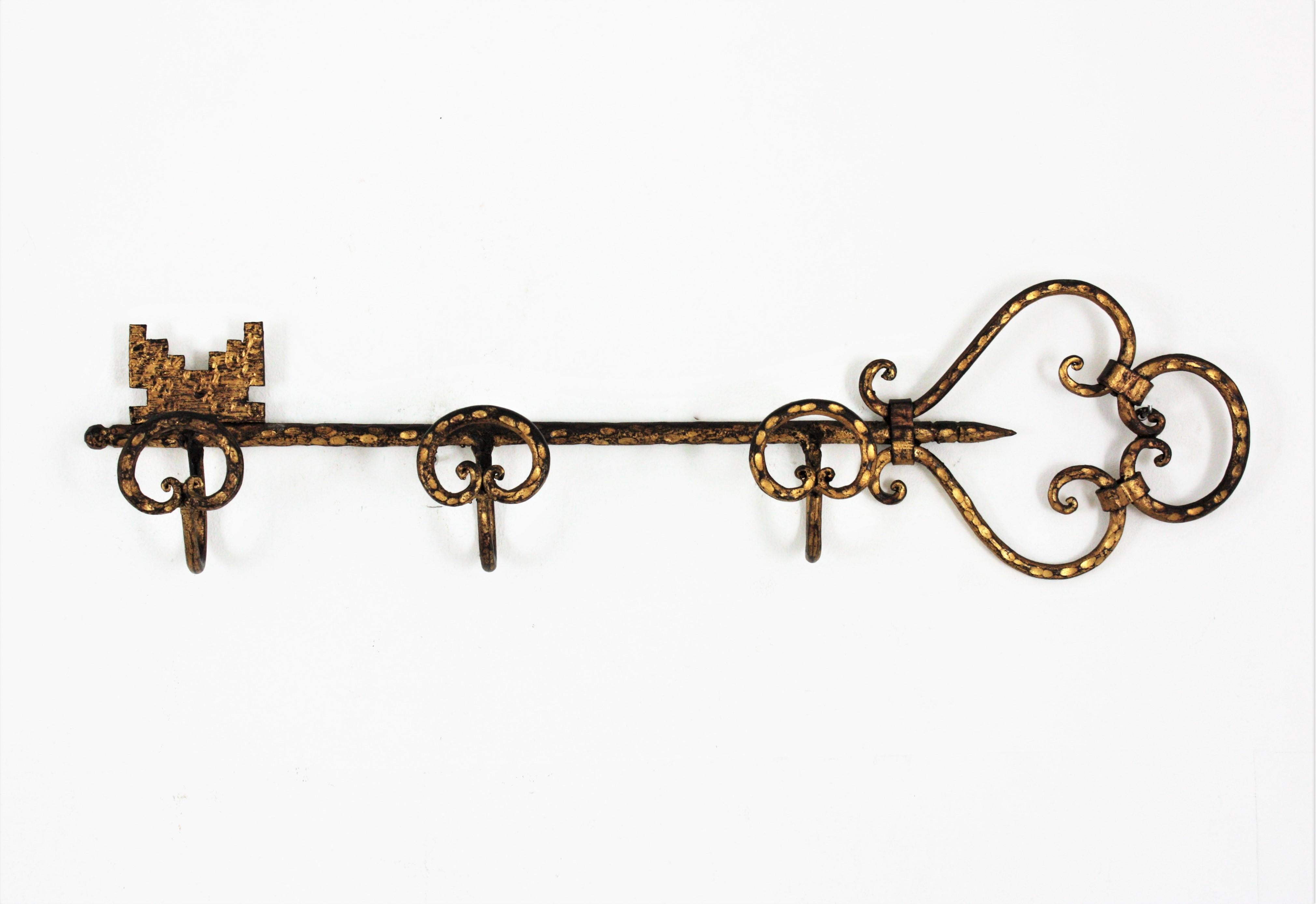 Gothic Wall Coat Rack with Key Shape, Wrought Gilt Iron For Sale