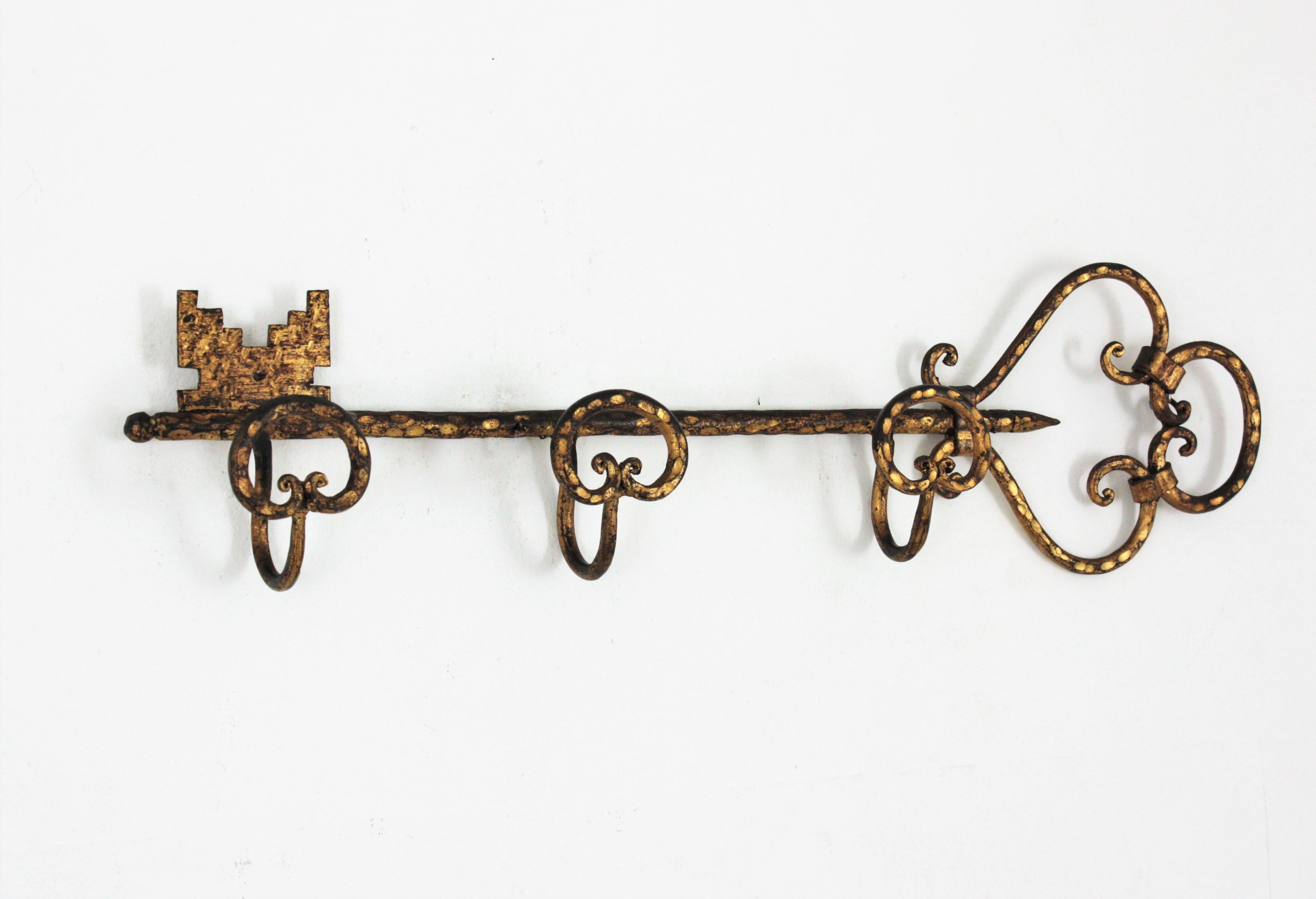 Forged Wall Coat Rack with Key Shape, Wrought Gilt Iron For Sale