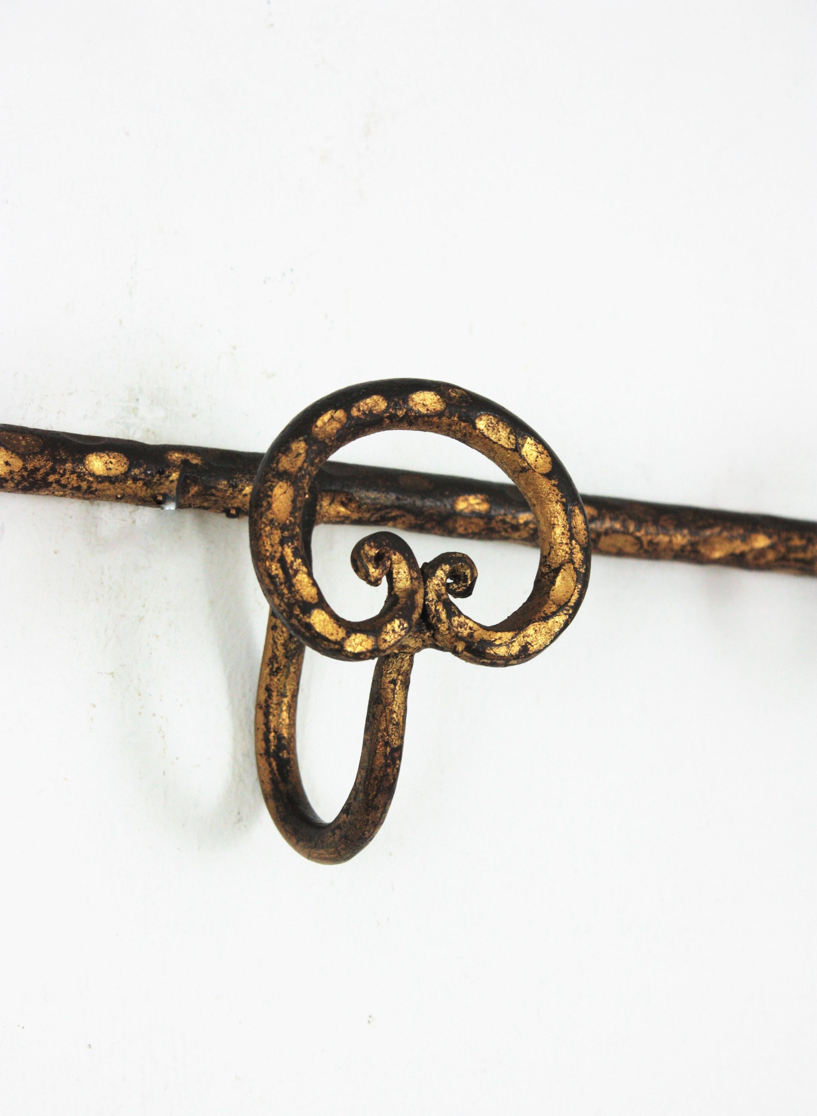 20th Century Wall Coat Rack with Key Shape, Wrought Gilt Iron For Sale