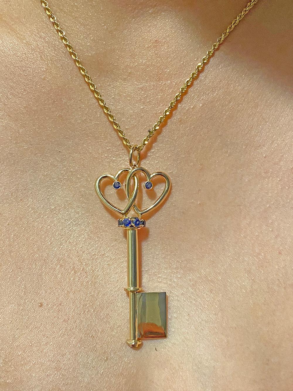 Round Cut Key To My Heart Double Heart Sapphire Key Pendant