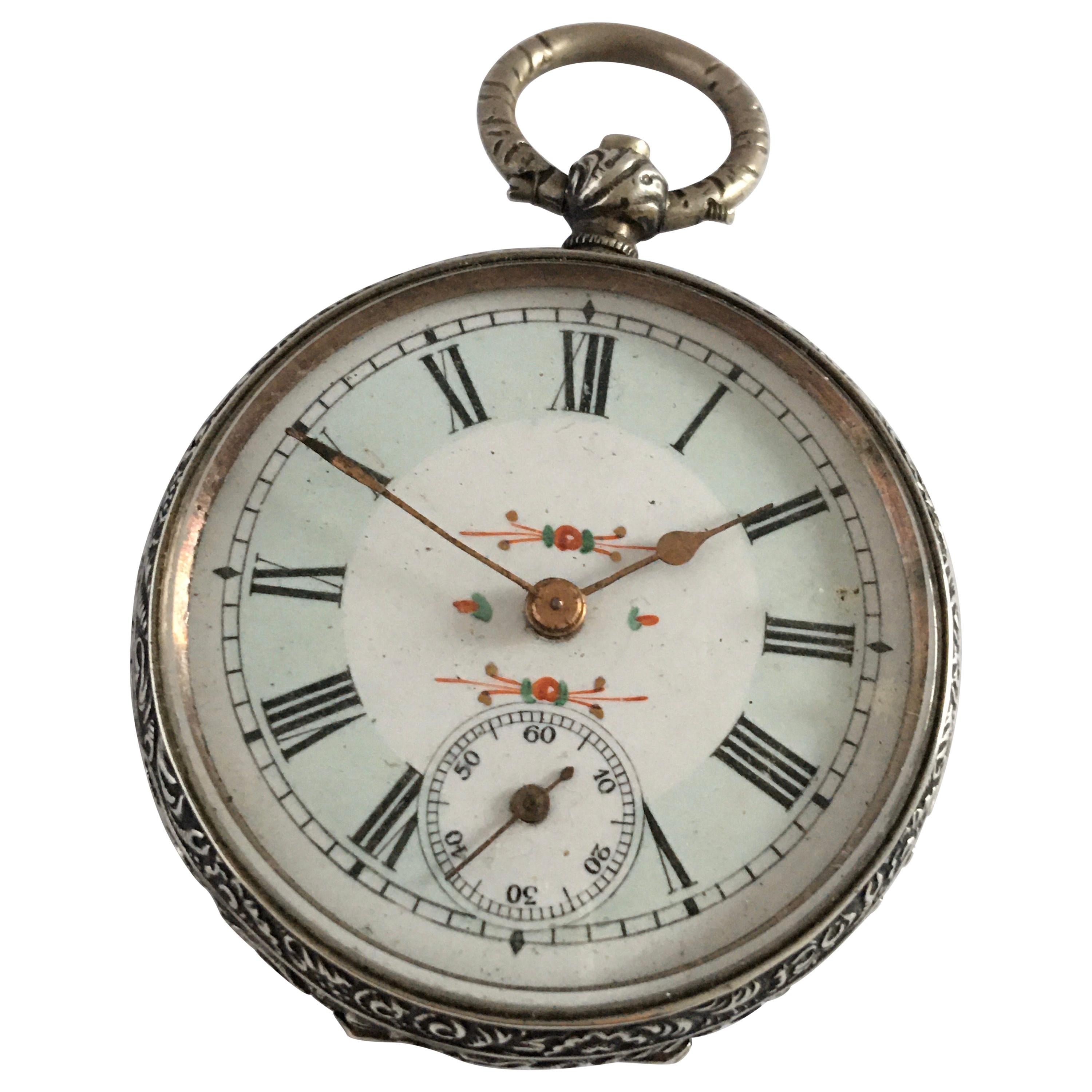 Key-Wind Victorian Period Silver Pocket Watch with Mint Green Enamel Dial For Sale