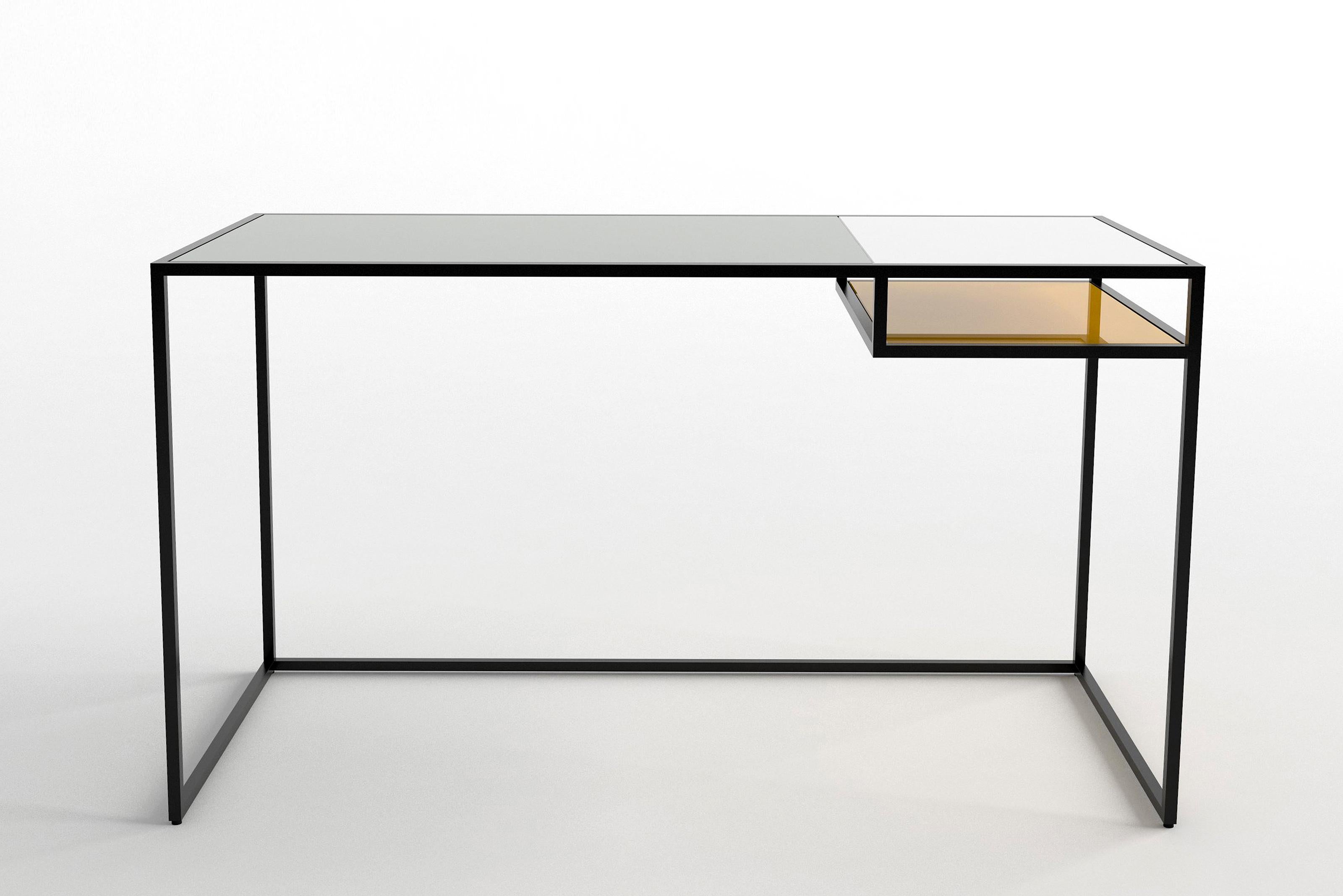 Keys Desk by Phase Design
Dimensions: D 55.9 x W 127 x H 73.7 cm. 
Materials: Spandrel glass top and powder-coated metal.

Solid steel bar available in a flat black or white powder coat finishes with spandrel-painted glass. Spandrel glass is