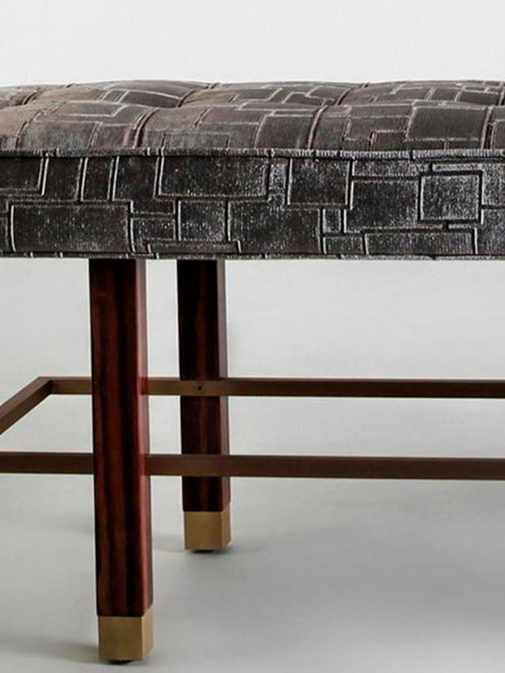 Brass Keywest Bench in Natural Macassar and Upholstered Seat For Sale