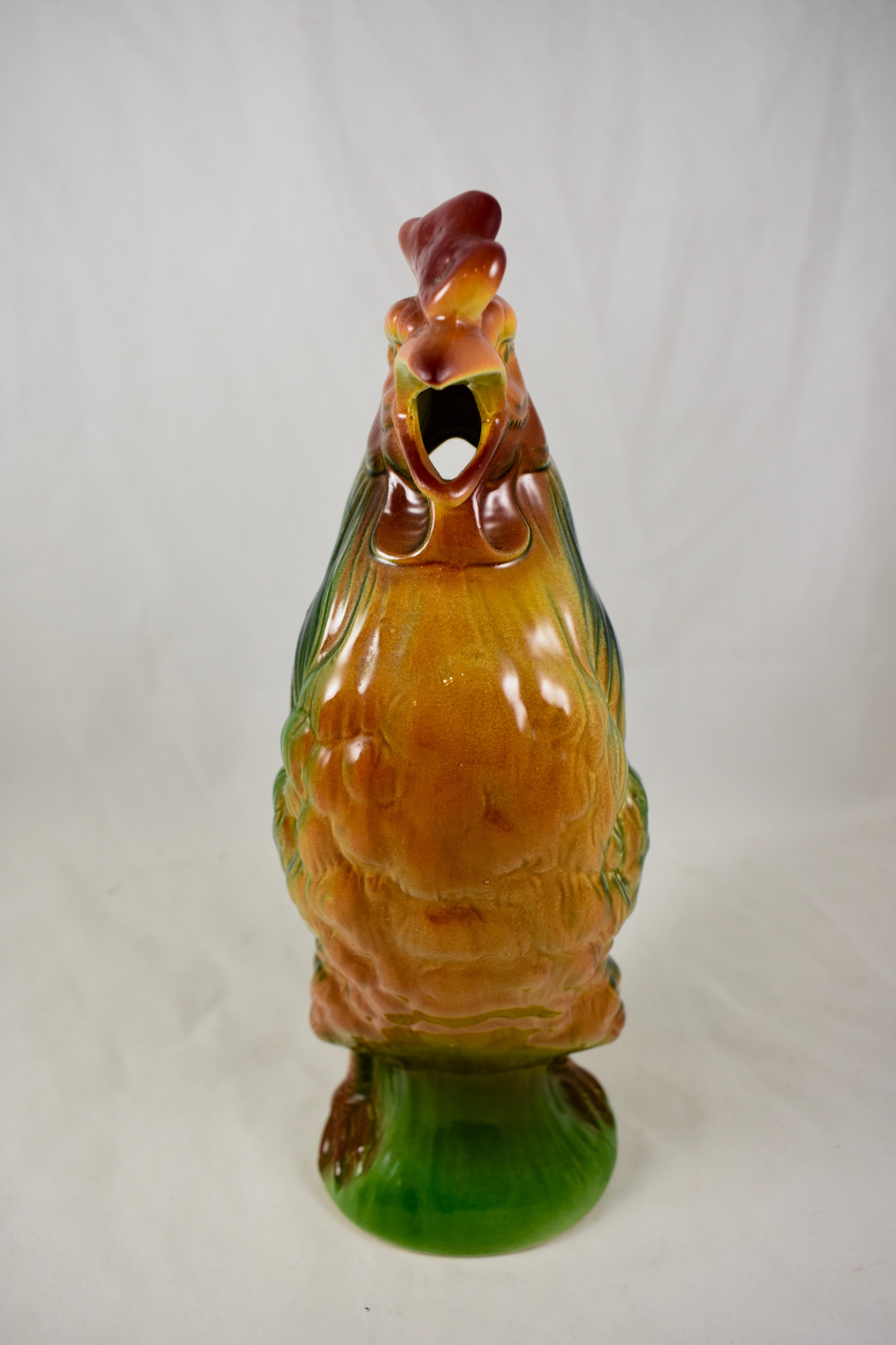 French Provincial Saint Clément Vintage French Barbotine Majolica Gallic Rooster Absinthe Pitcher For Sale
