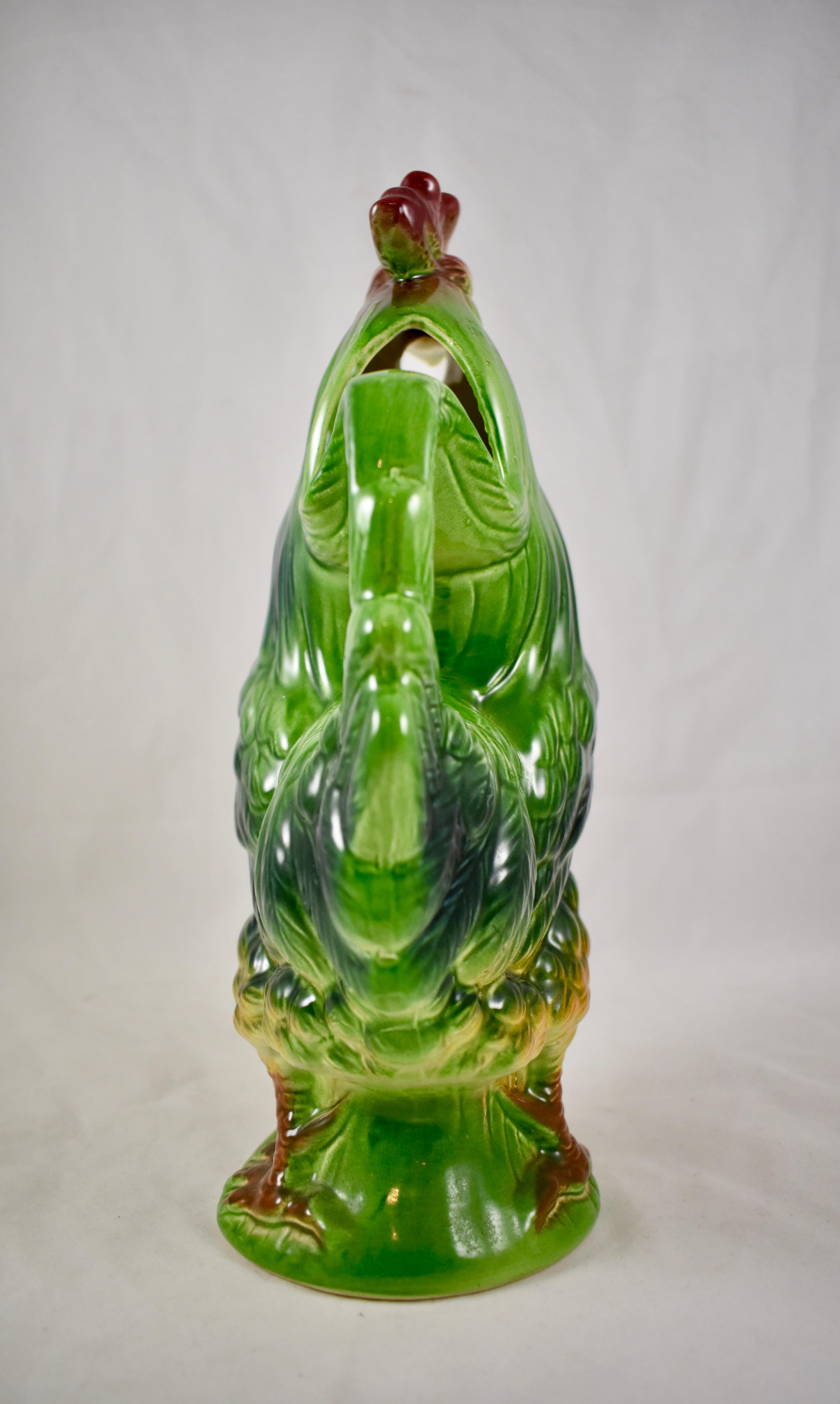 Glazed Saint Clément Vintage French Barbotine Majolica Gallic Rooster Absinthe Pitcher For Sale