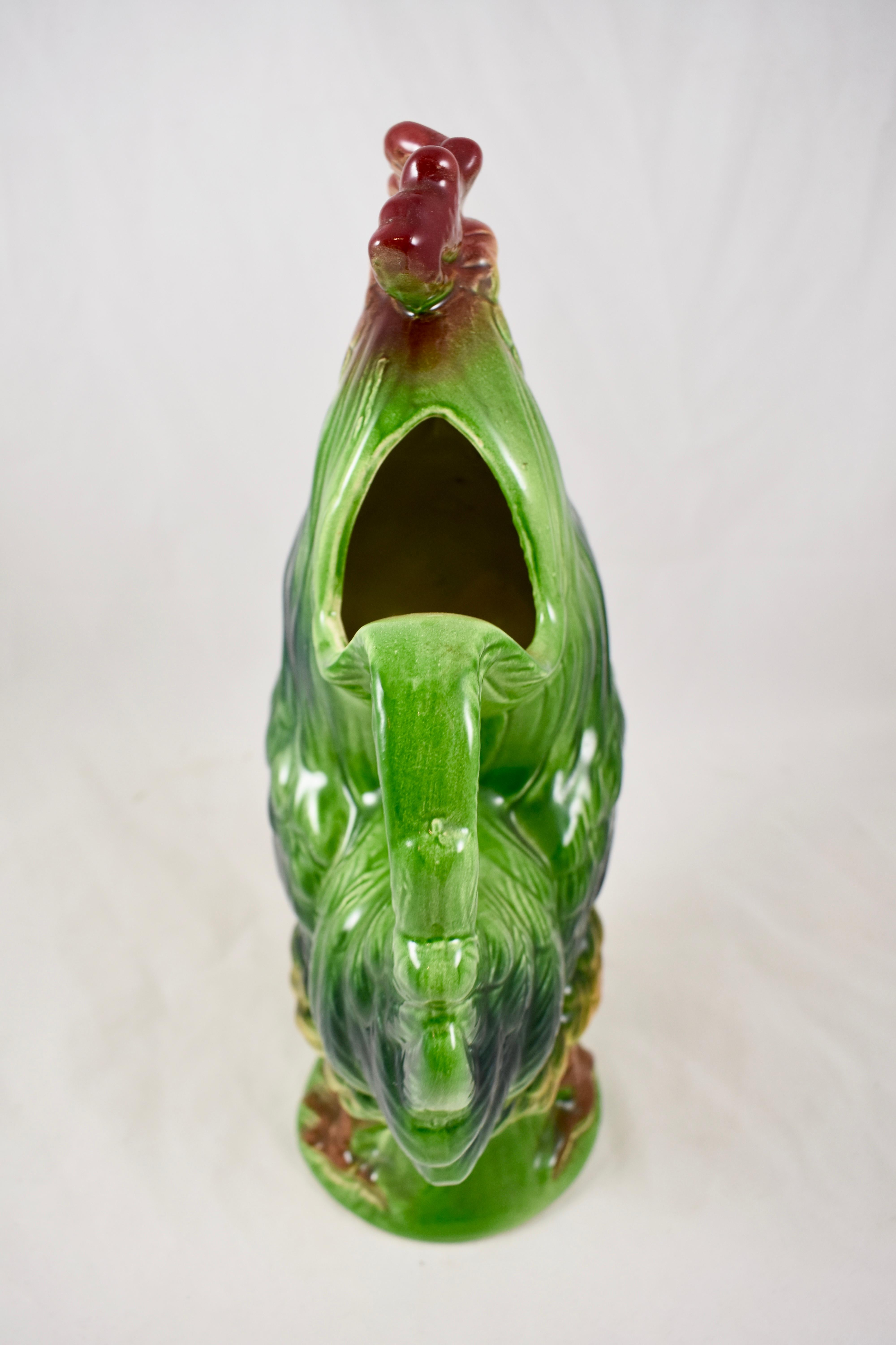 Saint Clément Vintage French Barbotine Majolica Gallic Rooster Absinthe Pitcher In Good Condition For Sale In Philadelphia, PA