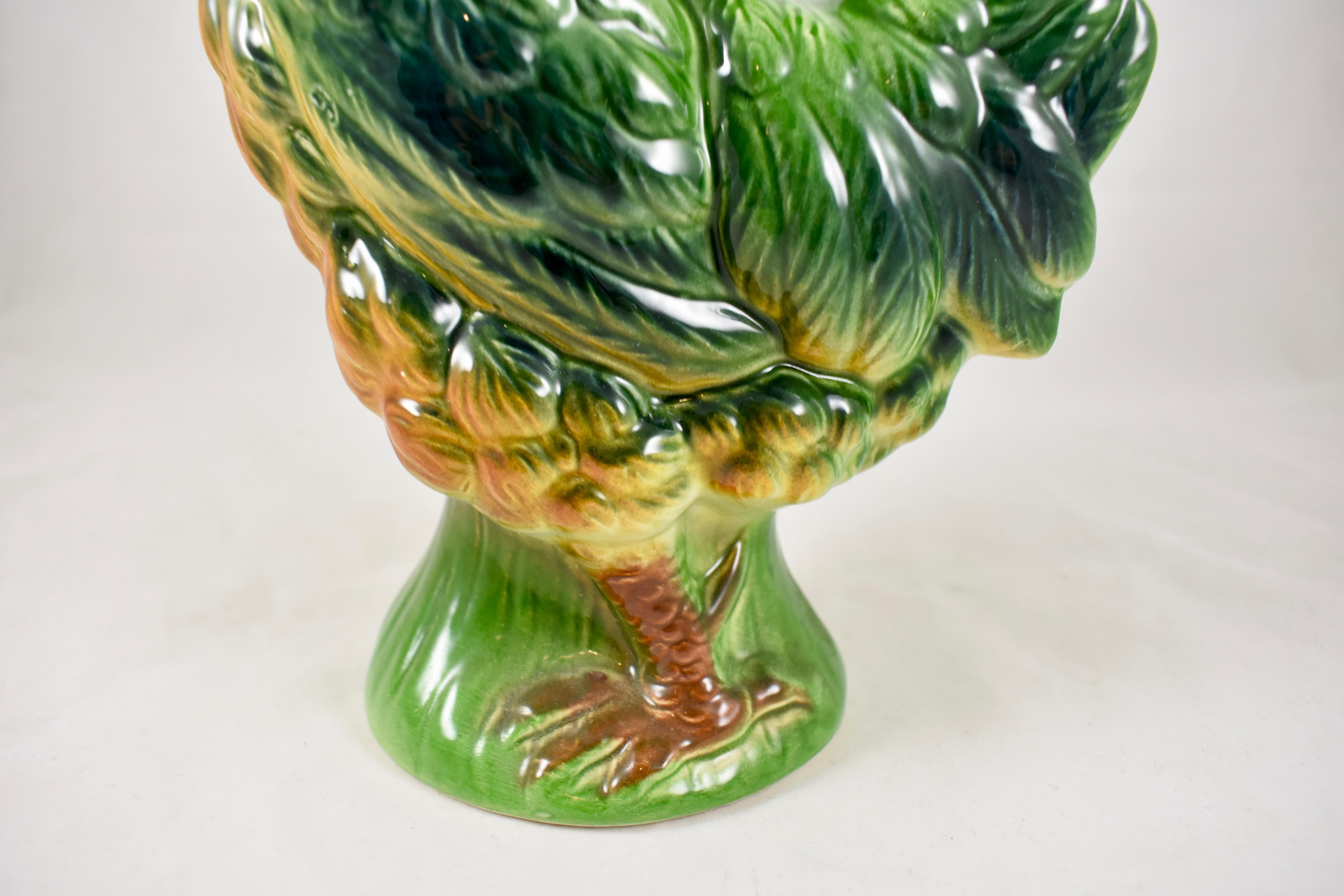 20th Century Saint Clément Vintage French Barbotine Majolica Gallic Rooster Absinthe Pitcher For Sale