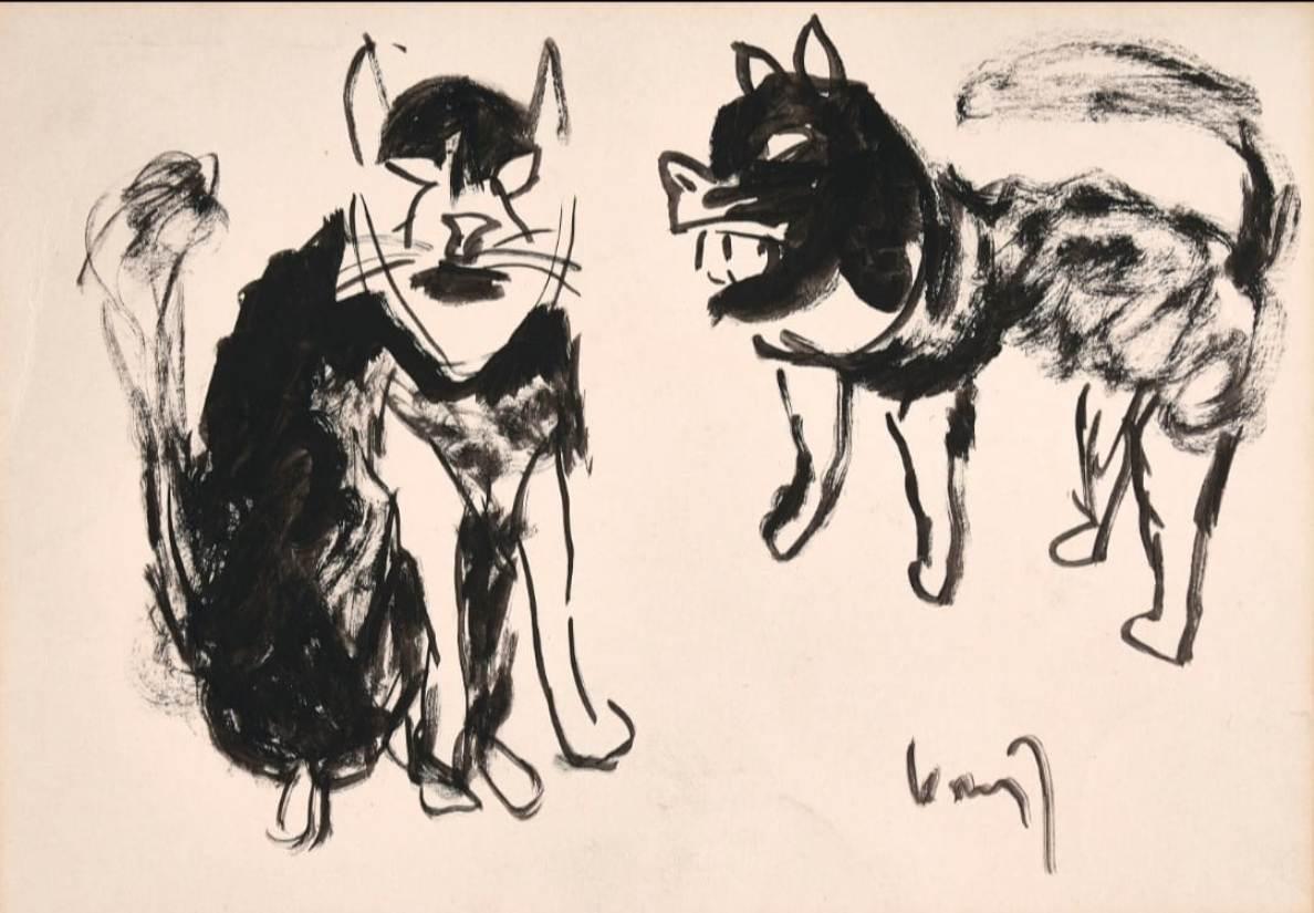 Brush, Tusche, Tinte, Kohle und Aquarell auf Papier (Set von 4) Moderner Künstler auf Lager (Beige), Figurative Painting, von K.G. Subramanyan