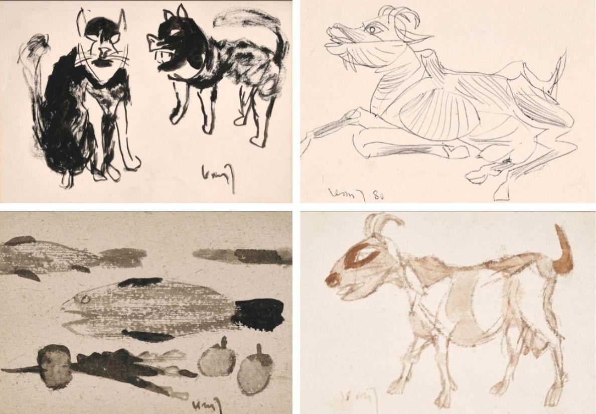 K.G. Subramanyan Figurative Painting – Brush, Tusche, Tinte, Kohle und Aquarell auf Papier (Set von 4) Moderner Künstler auf Lager