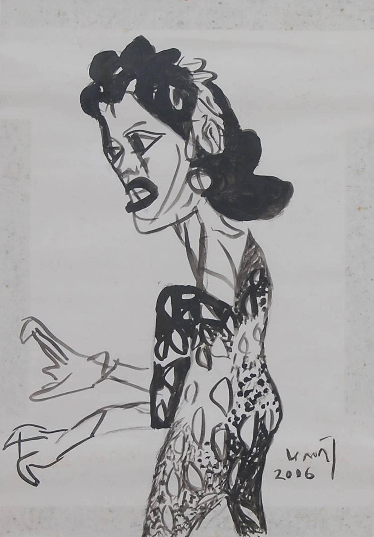 Girl executed in ink on paper by Indian Artist Padma Bhushan K. G. Subramanyan - Painting by K.G. Subramanyan