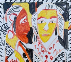 Öl auf Emailleplatte, rot, gelb, schwarz, Farbe von Padma Bhushan Künstlerin, „Auf Lager“