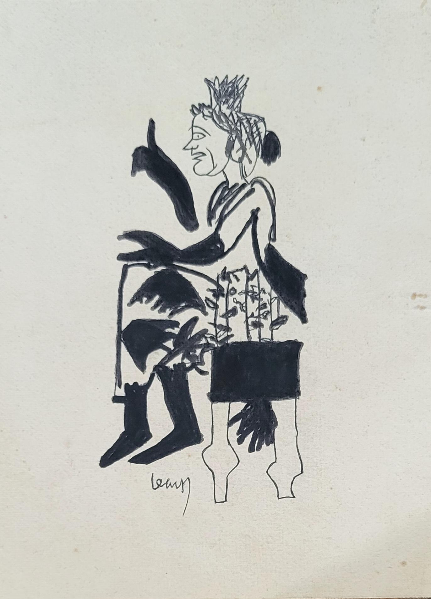 K.G. Subramanyan Figurative Painting - Lady on the Chair, Ink on paper, Black Color by KG Subramanyam “In Stock”