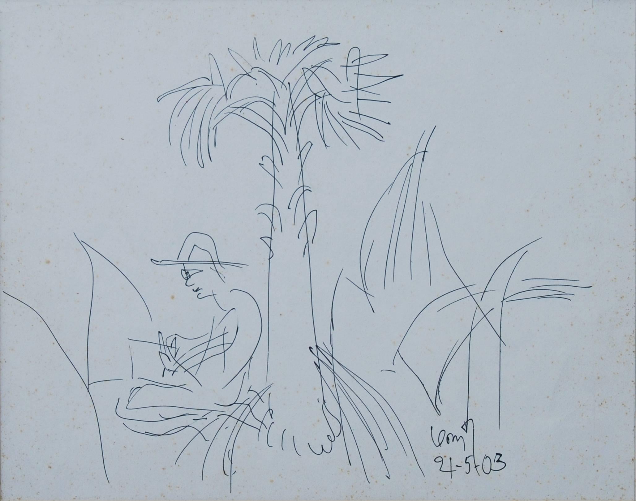 Man under the tree, Drawing, Ink on paper by Padma Vibhushan Artist 