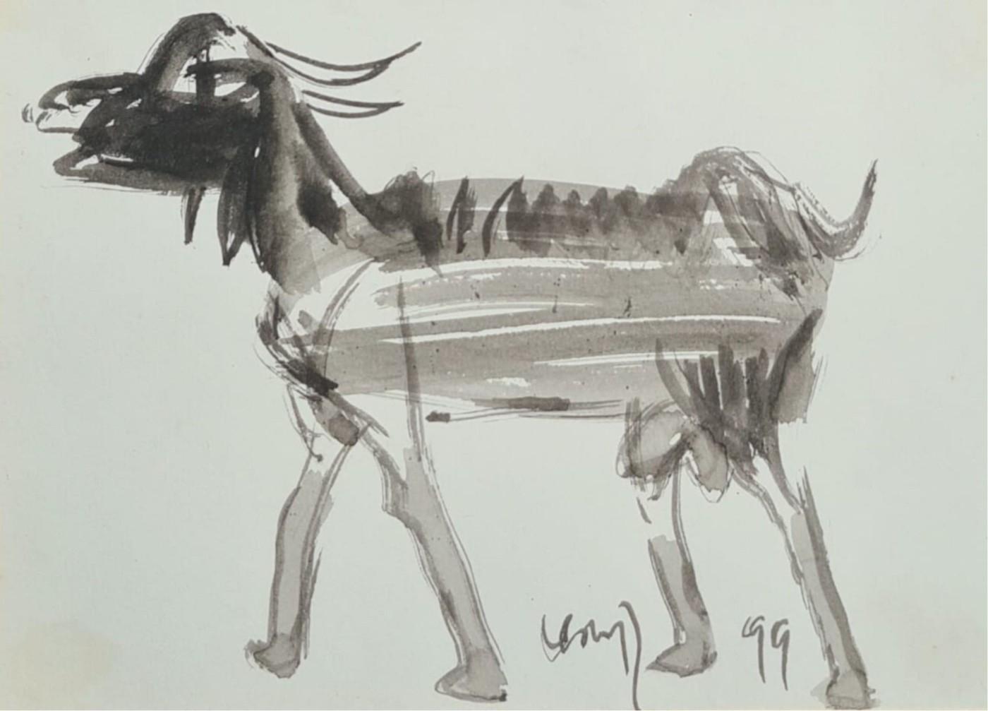 K.G. Subramanyan Animal Painting – Ohne Titel (Ziege), Aquarellfarbe auf Papier von indischer Künstlerin „Auf Lager“