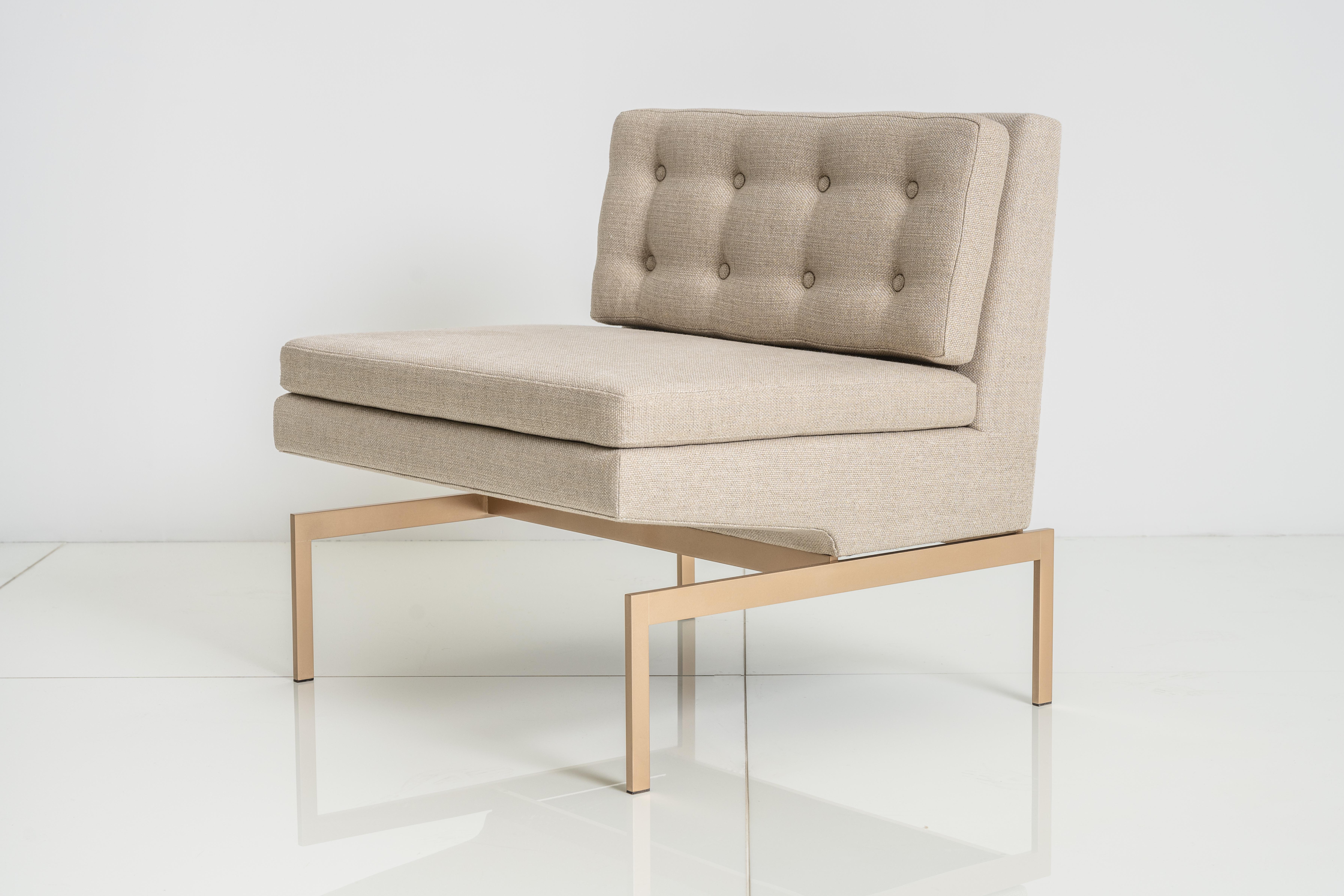 The Mancini Chair has a seat specially constructed to float above the metal base. The semi-attached seat and back cushions afford an extra layer of comfort.