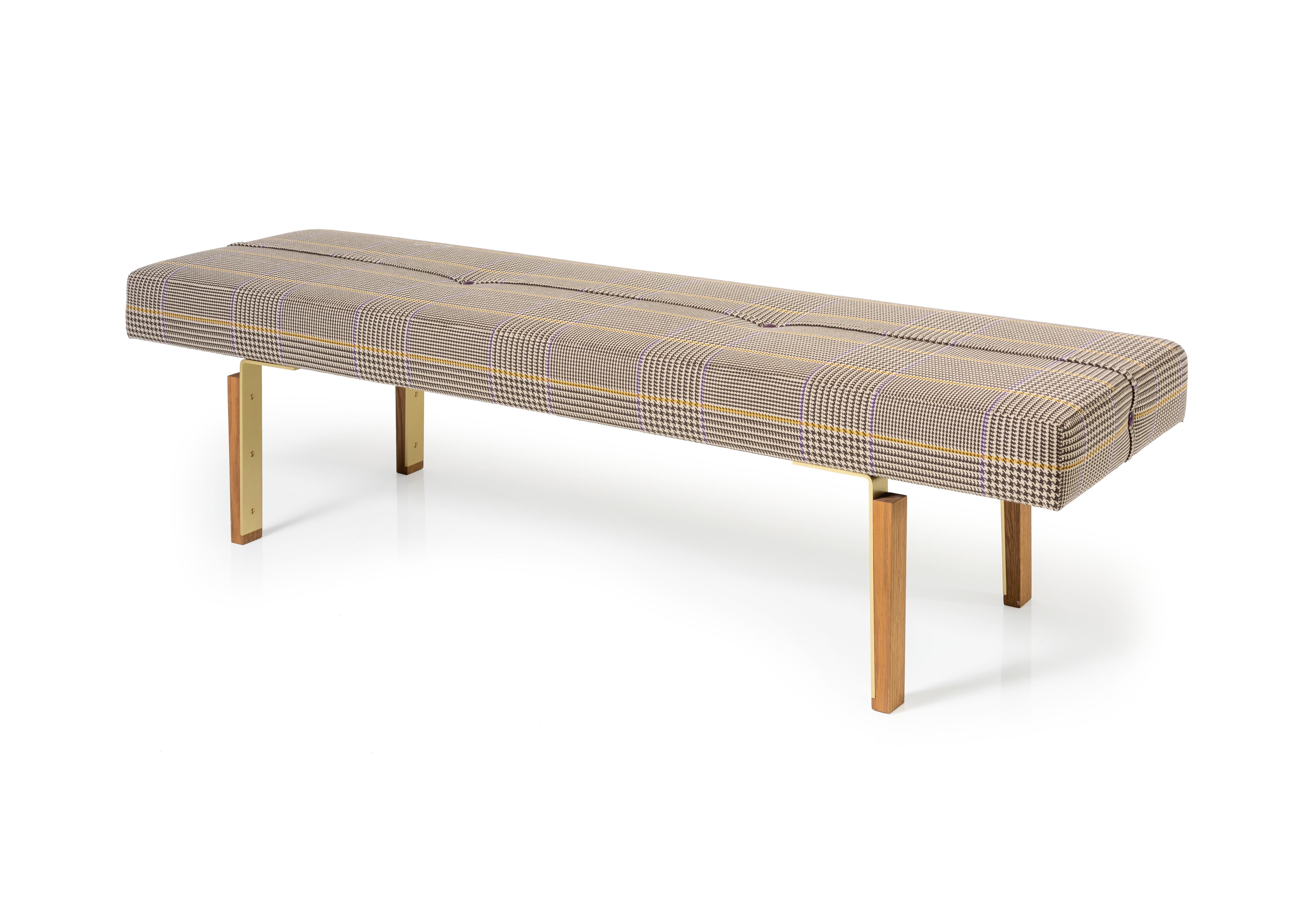 The simple, refined silhouette of the Parisi Bench makes it a perfect entry or footboard piece. Brakeformed, Solid Brass legs are integrated into blocks of Fumed White Oak. Featuring a Tweed wool fabric.

This is a natural product that may have