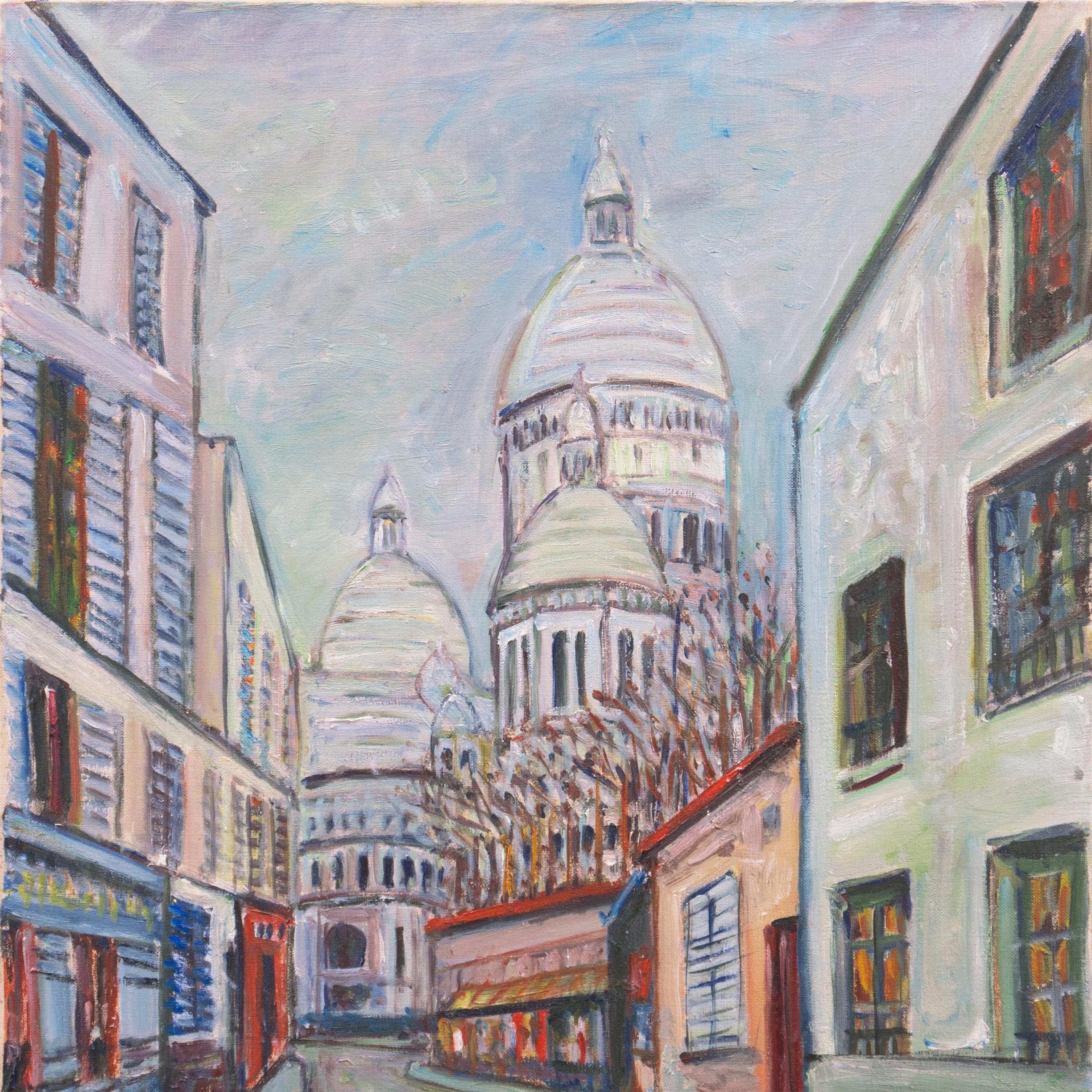 'View of Montmartre with the Basilica of Sacré-Cœur', Paris, Post Impressionism - Gray Landscape Painting by K.H. Kaneko