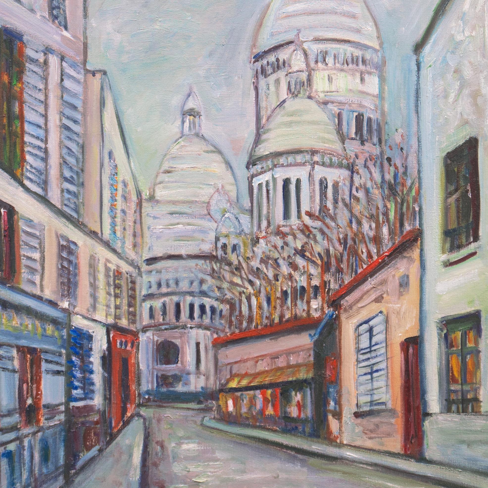 'View of Montmartre with the Basilica of Sacré-Cœur', Paris, Post Impressionism - Gray Landscape Painting by K.H. Kaneko