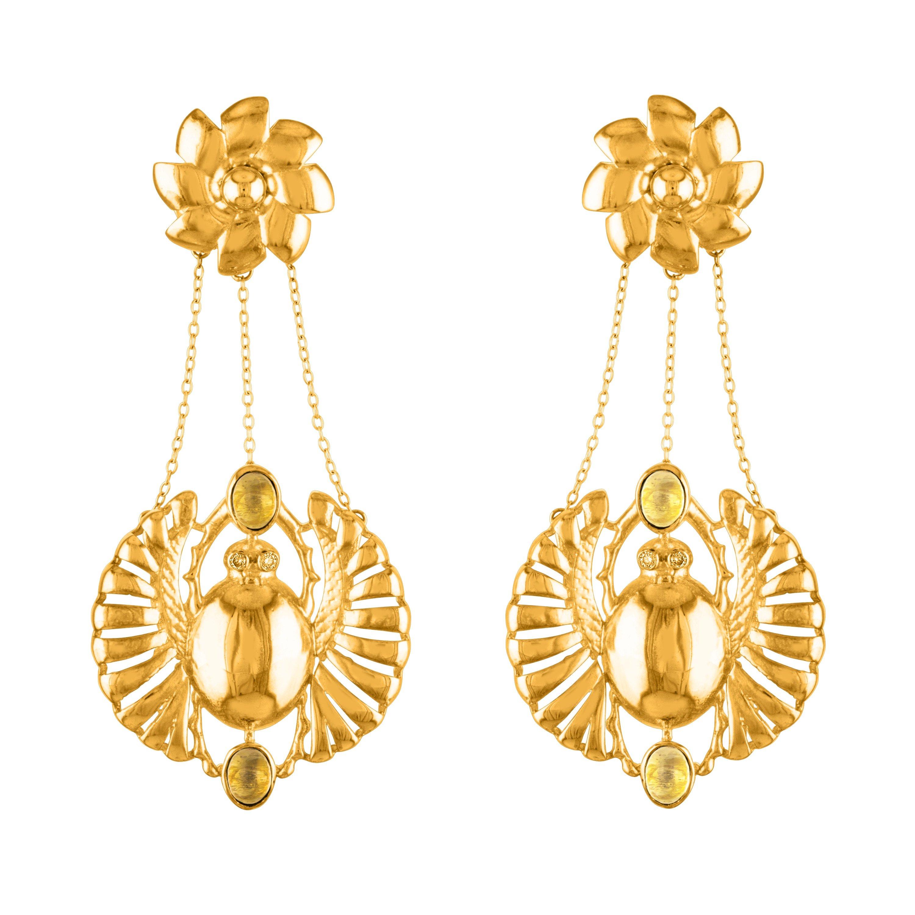 Khahi Scarab Earring in 18K Gold Plated Brass with Citrine & Diamonds For Sale
