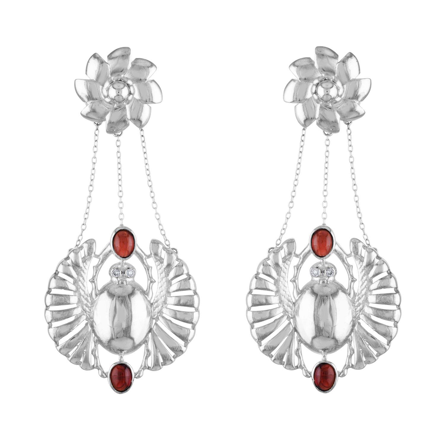 Khahi Scarab Earring in Sterling Silver with Red Garnet & Diamonds For Sale