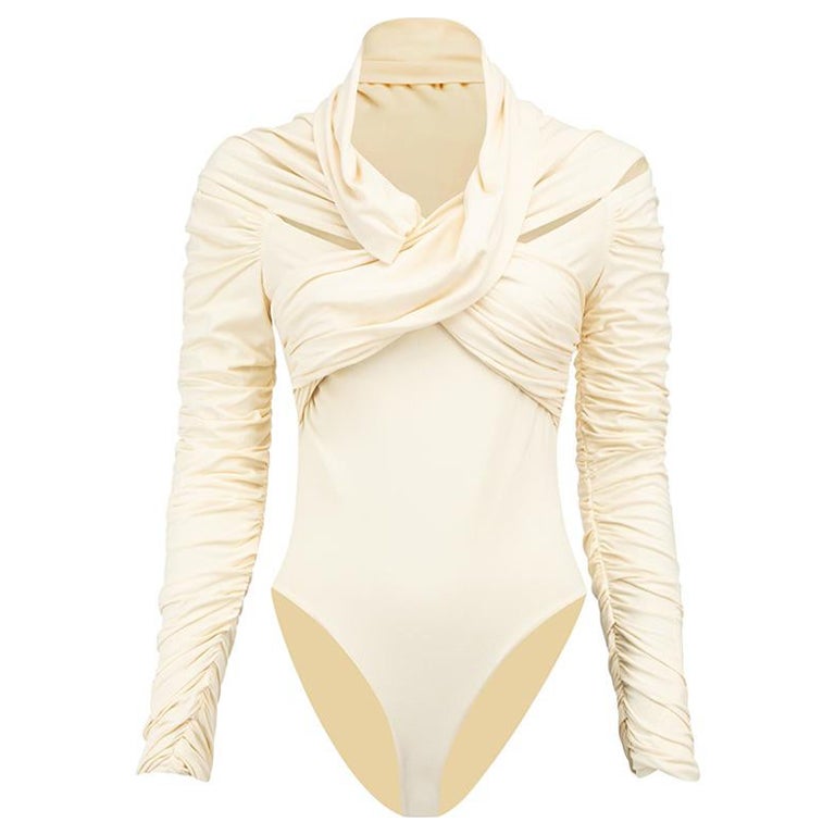 Khaite Cream Shoulder Cut Out Ruched Accent Bodysuit Size S For Sale