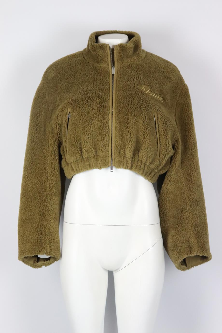 Khaite cropped faux shearling jacket. Light-brown. Long sleeve, mock neck. Zip fastening at front. 54% Acrylic, 46% polyester; combo1: 100% cotton; combo2: 100% cotton; lining: 100% cupro. Size: Small (UK 8, US 4, FR 36, IT 40). Shoulder to