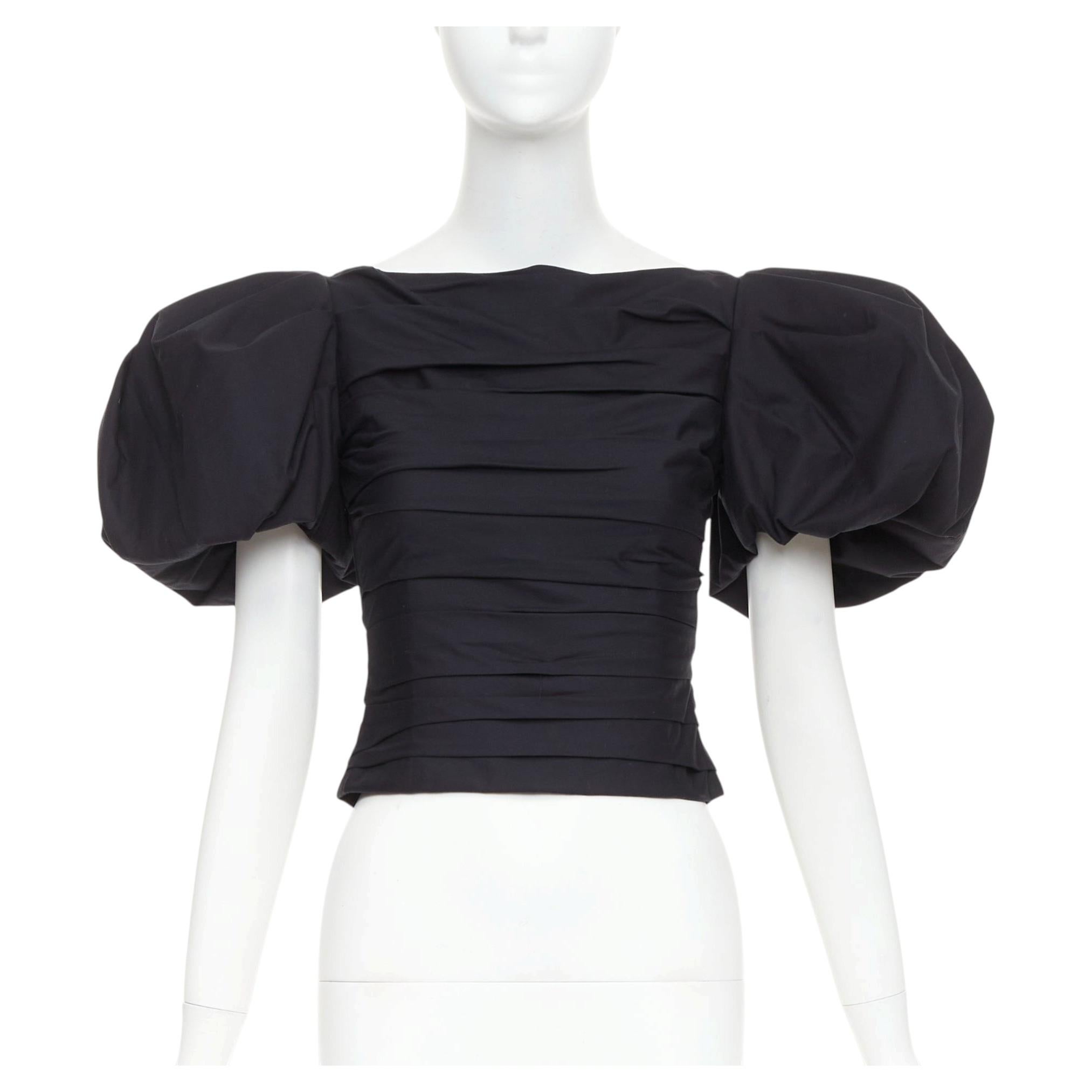 KHAITE Kai Kai – Schwarzes Crop-Top aus Baumwollpopeline mit Puffärmeln, Plissee-Detail vorne und U-Boot-Ausschnitt – US-Größe XS