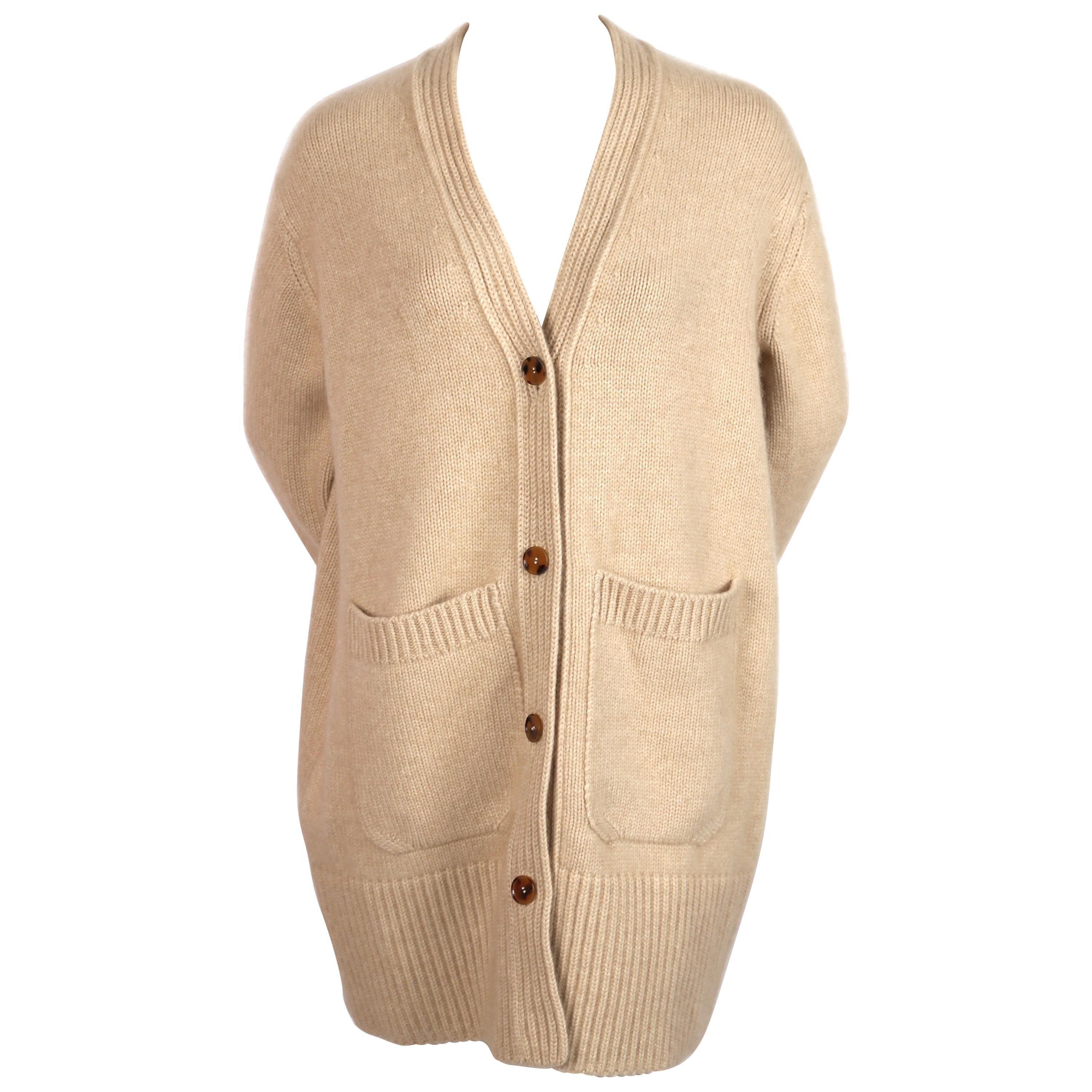 KHAITE 'LUCIA' oversized cashmere cardigan sweater with patch pockets in sand