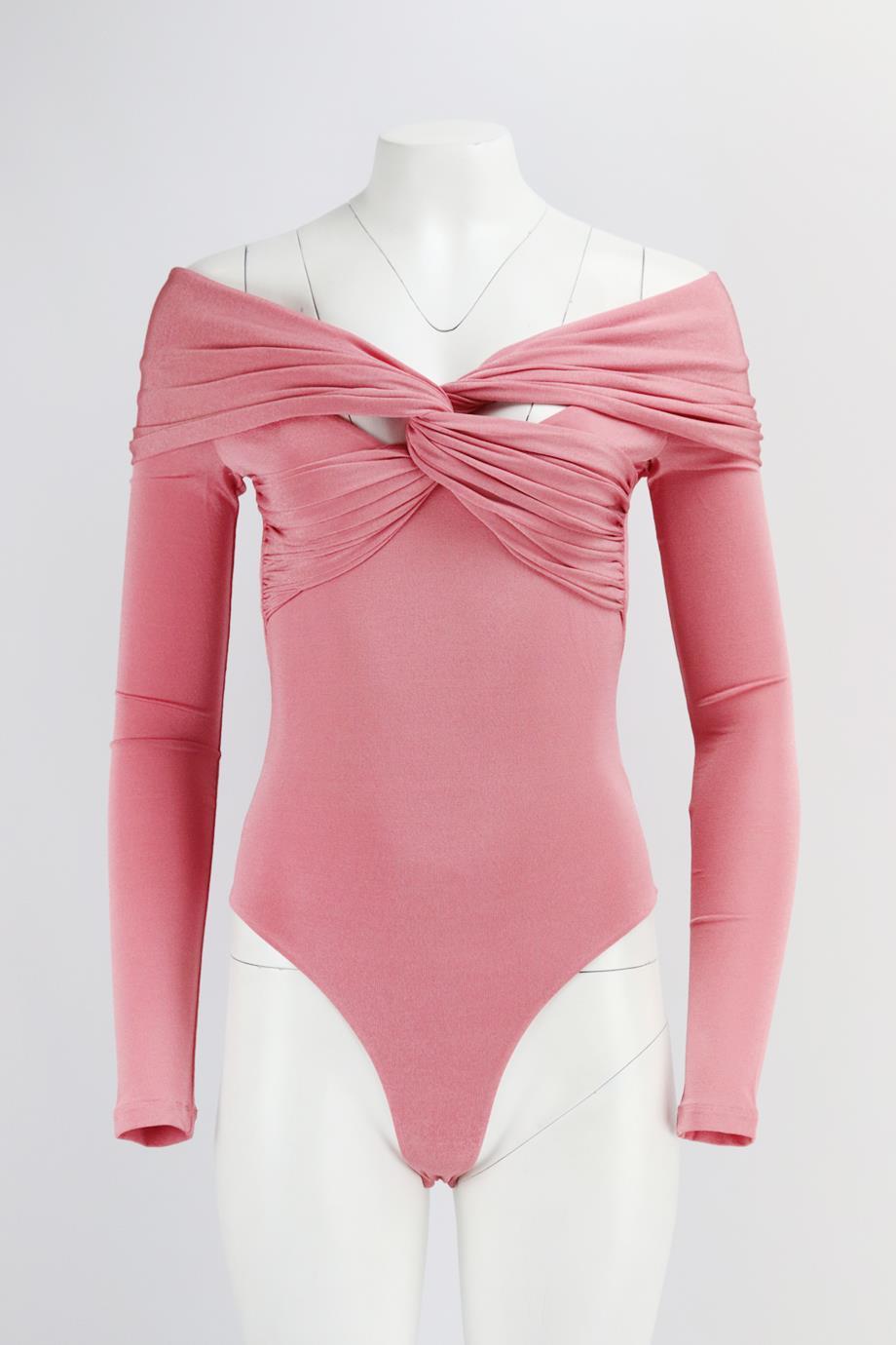 Khaite off the shoulder knotted stretch cotton jersey bodysuit. Pink. Long sleeve, off-the-shoulder. Snap fastening at base. 83% Viscose, 11% polyamide, 6% elastane. Size: Small (UK 8, US 4, FR 36, IT 40). Bust: 32 in. Waist: 28 in. Hips: 32 in.