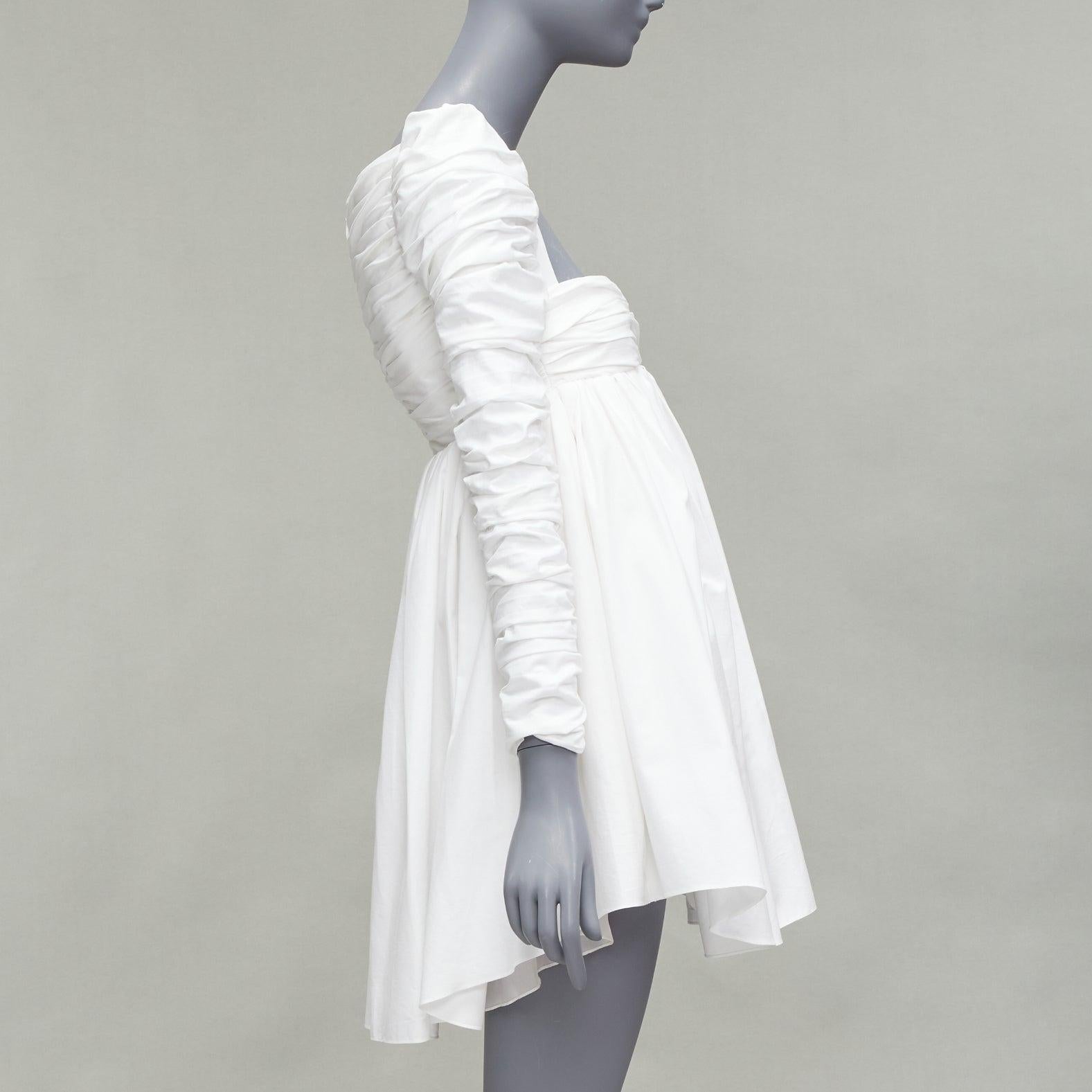 Women's KHAITE Sueanne white ruched sleeve sweetheart empire corseted mini dress US2 S
