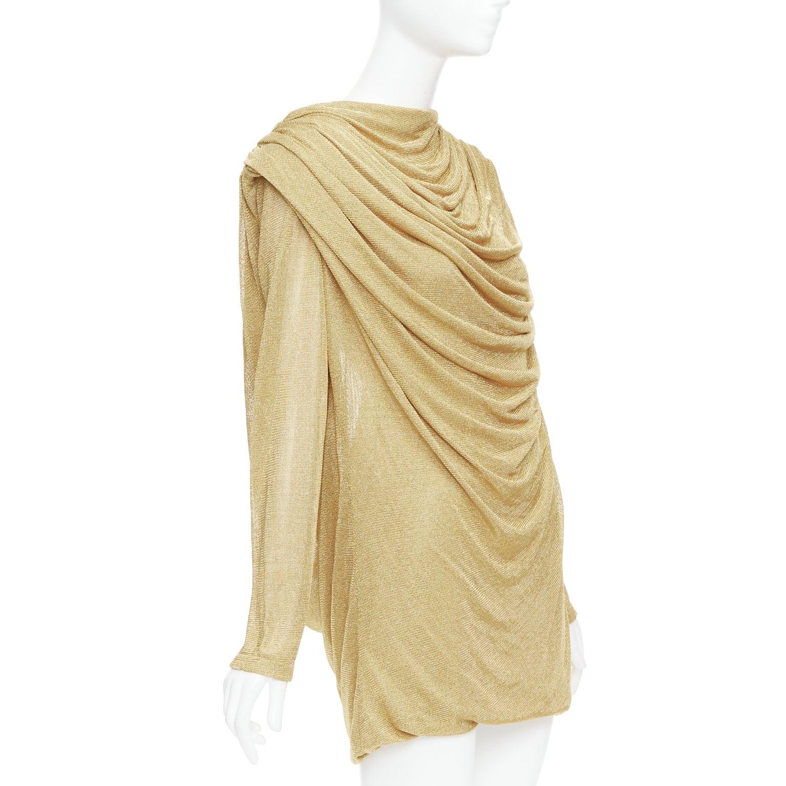 Gold KHAITE Taiden gold metallic stretch knit drape open back mini dress L For Sale