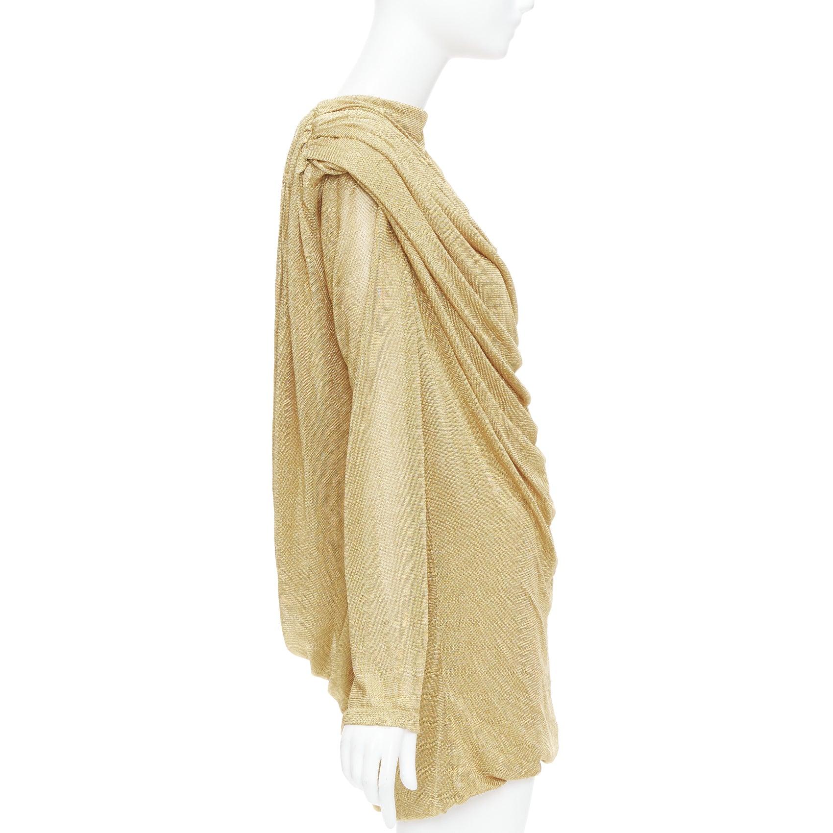KHAITE Taiden gold metallic stretch knit drape open back mini dress L In Good Condition For Sale In Hong Kong, NT
