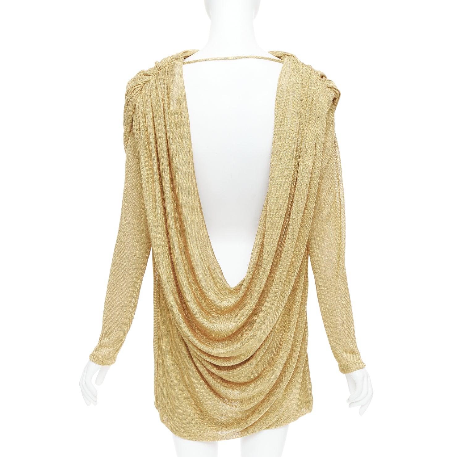 Women's KHAITE Taiden gold metallic stretch knit drape open back mini dress L For Sale
