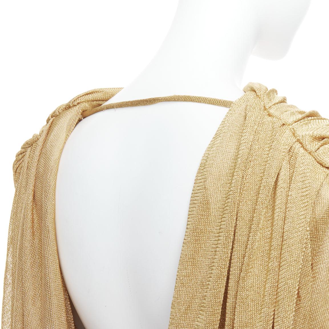 KHAITE Taiden gold metallic stretch knit drape open back mini dress L For Sale 1