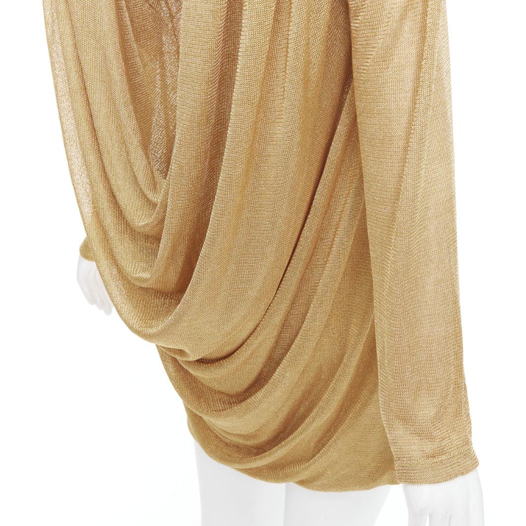 KHAITE Taiden gold metallic stretch knit drape open back mini dress L For Sale 2