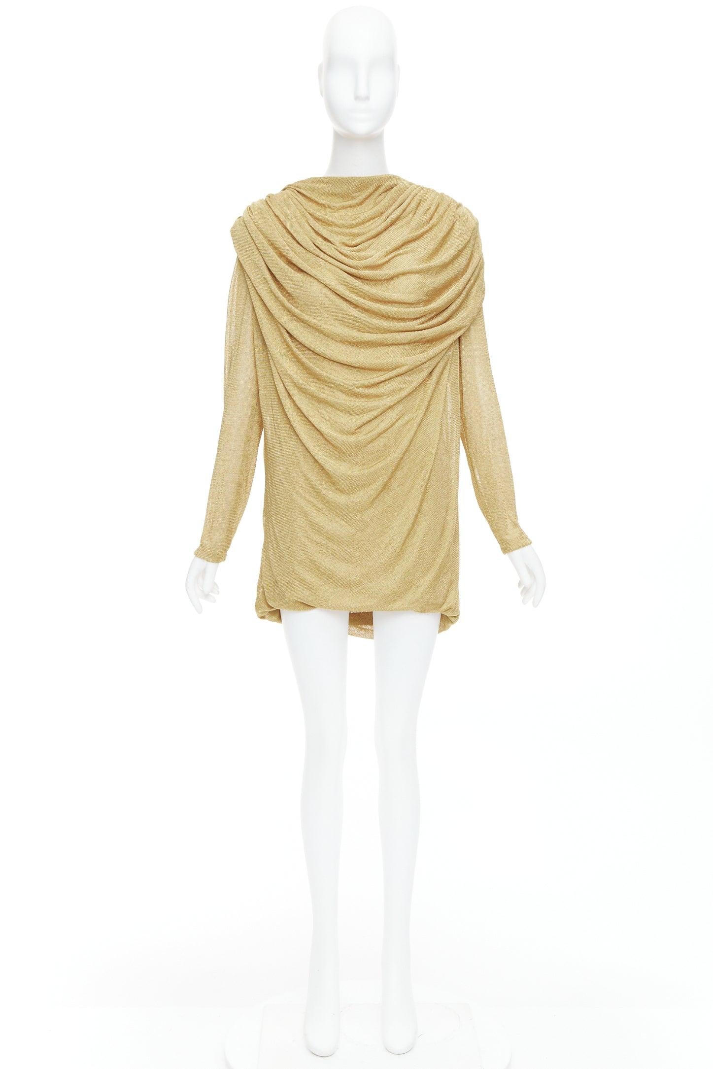 KHAITE Taiden gold metallic stretch knit drape open back mini dress L For Sale 4
