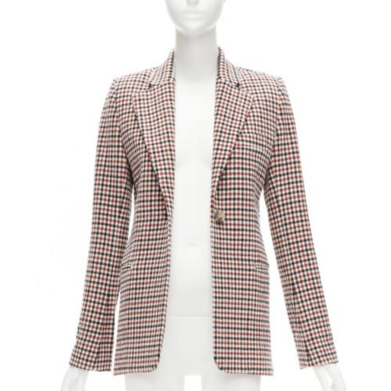 Grigio Blazer a un bottone in lana vergine a quadri rosso Vera US0 XS in vendita