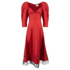Khaite Women's Red Puff Sleeve Midi Dress with Lace Trim