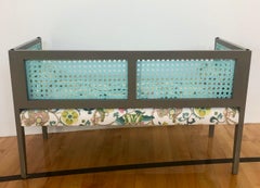 Khaki & Blue Lacquered Wood & Rattan with Pink, Yellow & Green Upholstery Settee