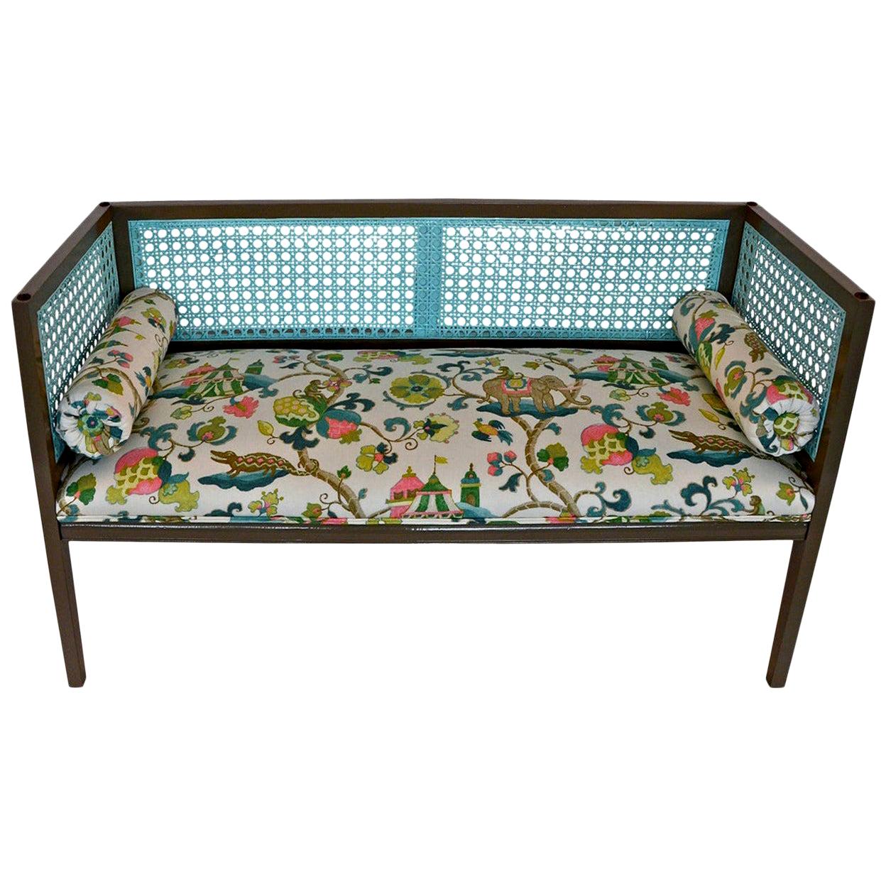 Khaki & Blue Lacquered Wood & Rattan with Pink, Yellow & Green Upholstery Settee For Sale
