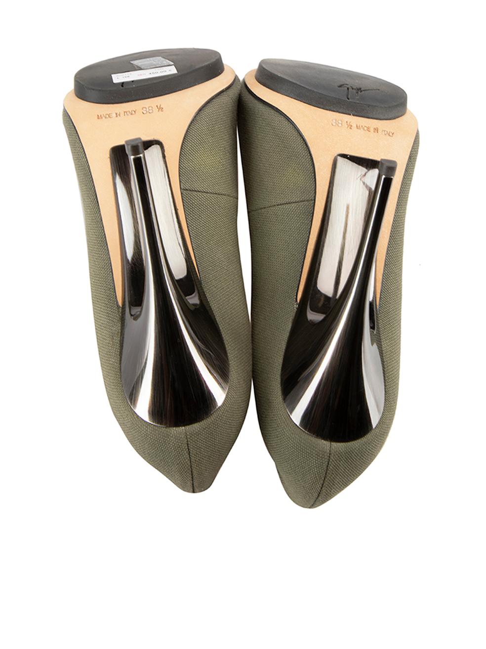 Women's Giuseppe Zanotti Khaki Canvas Peep Toe Heels Size IT 38.5 For Sale