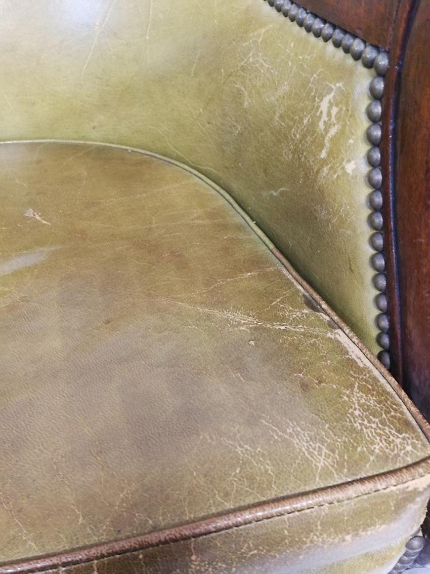 Khaki Leather Armchair with Carved Swan Armrests For Sale 7
