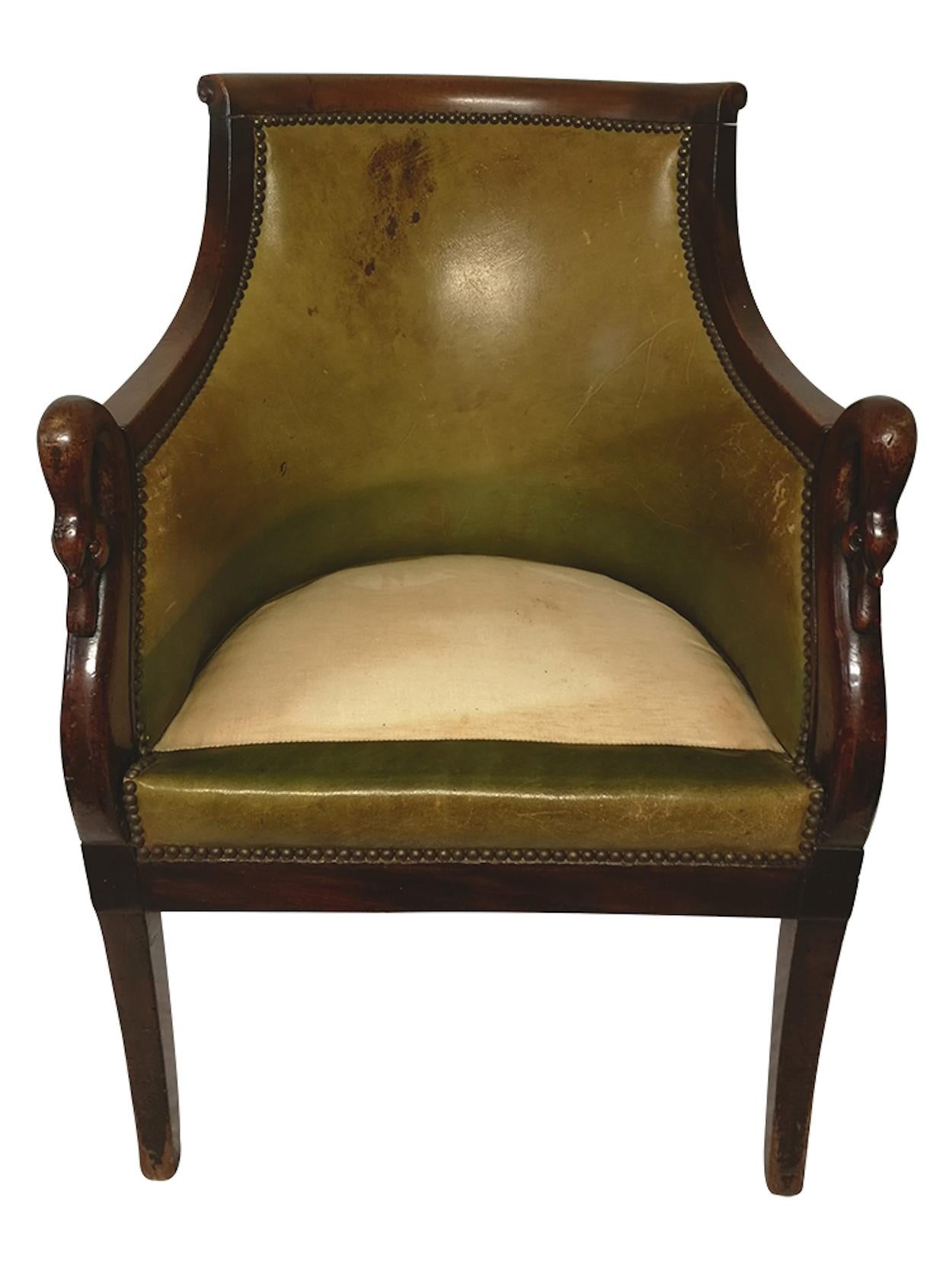 19th Century Khaki Leather Armchair with Carved Swan Armrests For Sale